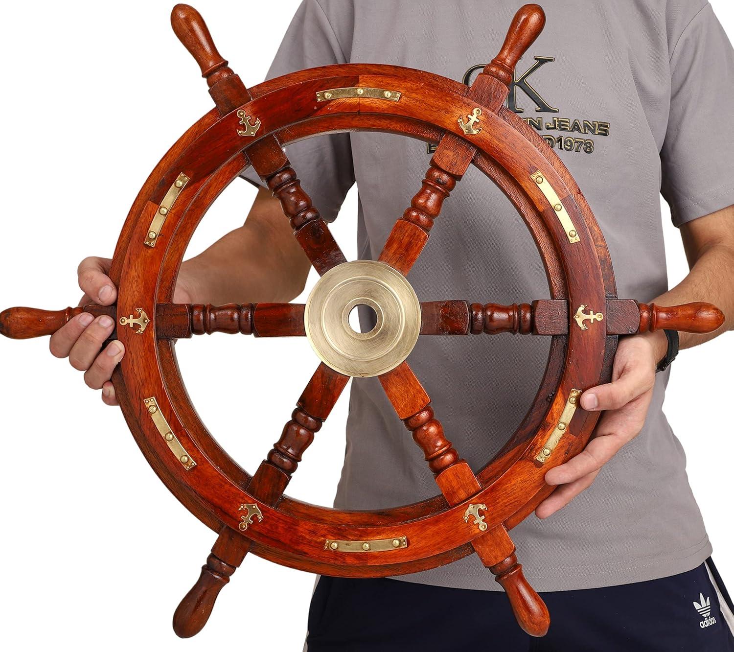 24" Dark Rosewood and Brass Nautical Ship Wheel Decor