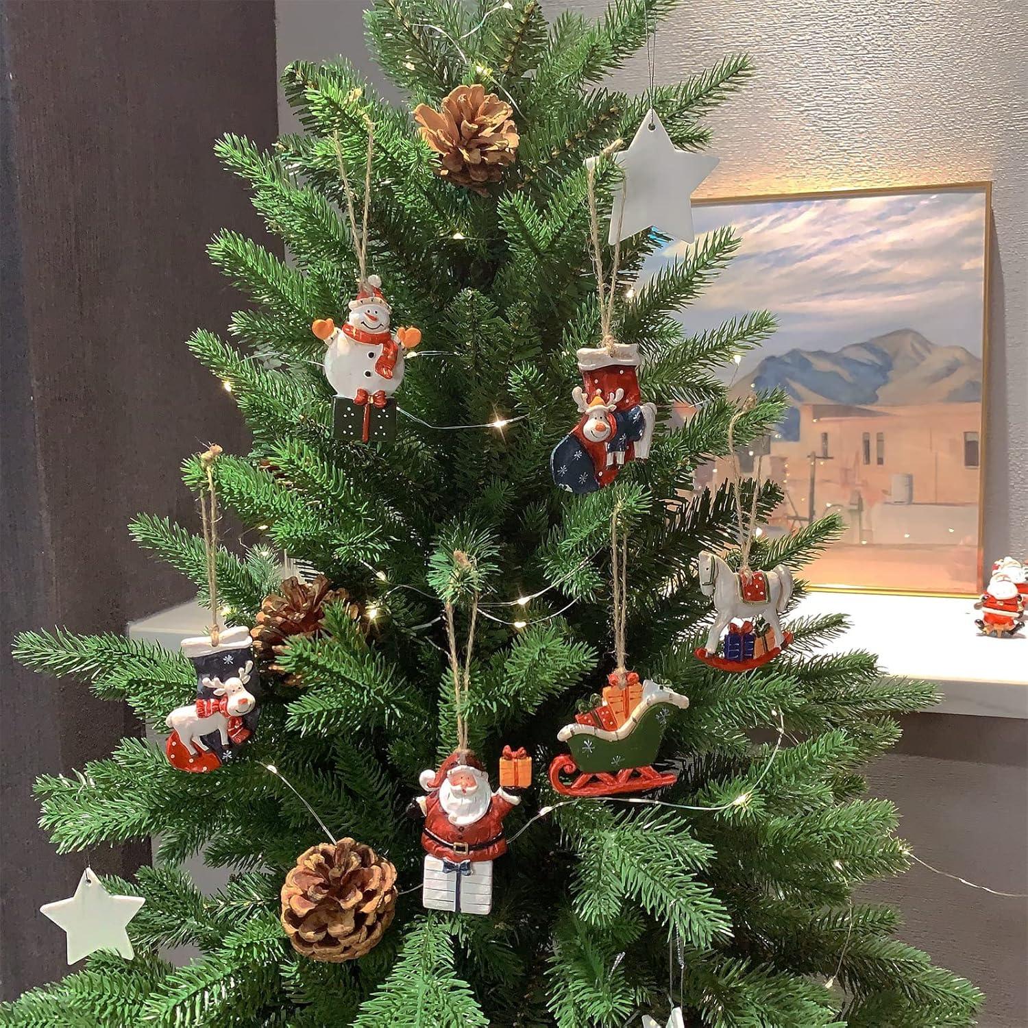 Resin Christmas Tree Ornaments 6-Pack Xmas Hanging Ornaments Santa Snowman Christmas Stocking Sleigh Ornaments for Christmas Tree Holiday Decorations, Outdoor Holiday Home Decorations