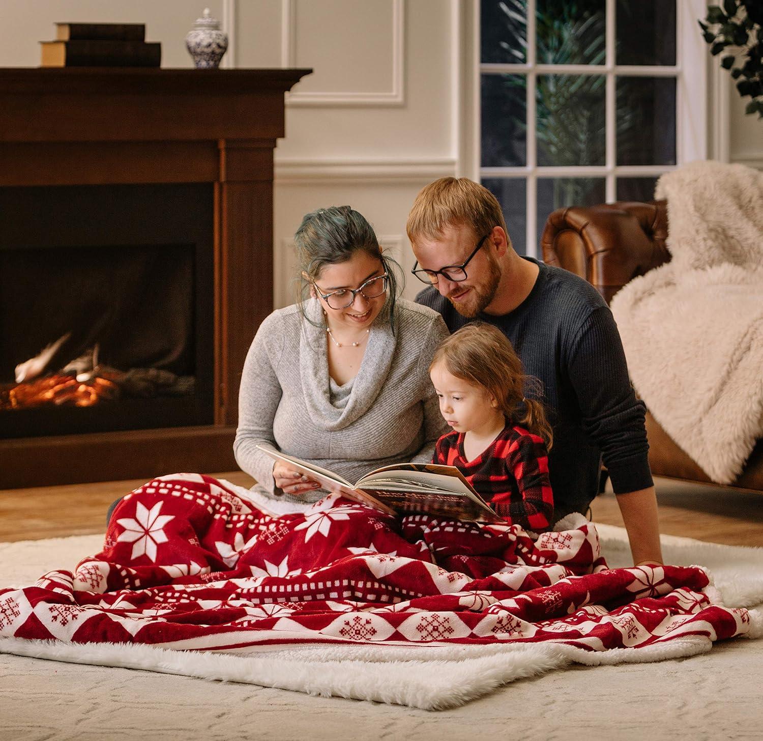 Chanasya Super Soft Fleece Sherpa Holiday Throw Blanket - Luxurious Snuggly Cozy Warm Hypoallergenic Vibrant Burgundy Red and White for Sofa Couch Bed Holiday Gift ( 50" x 65")- Machine Washable