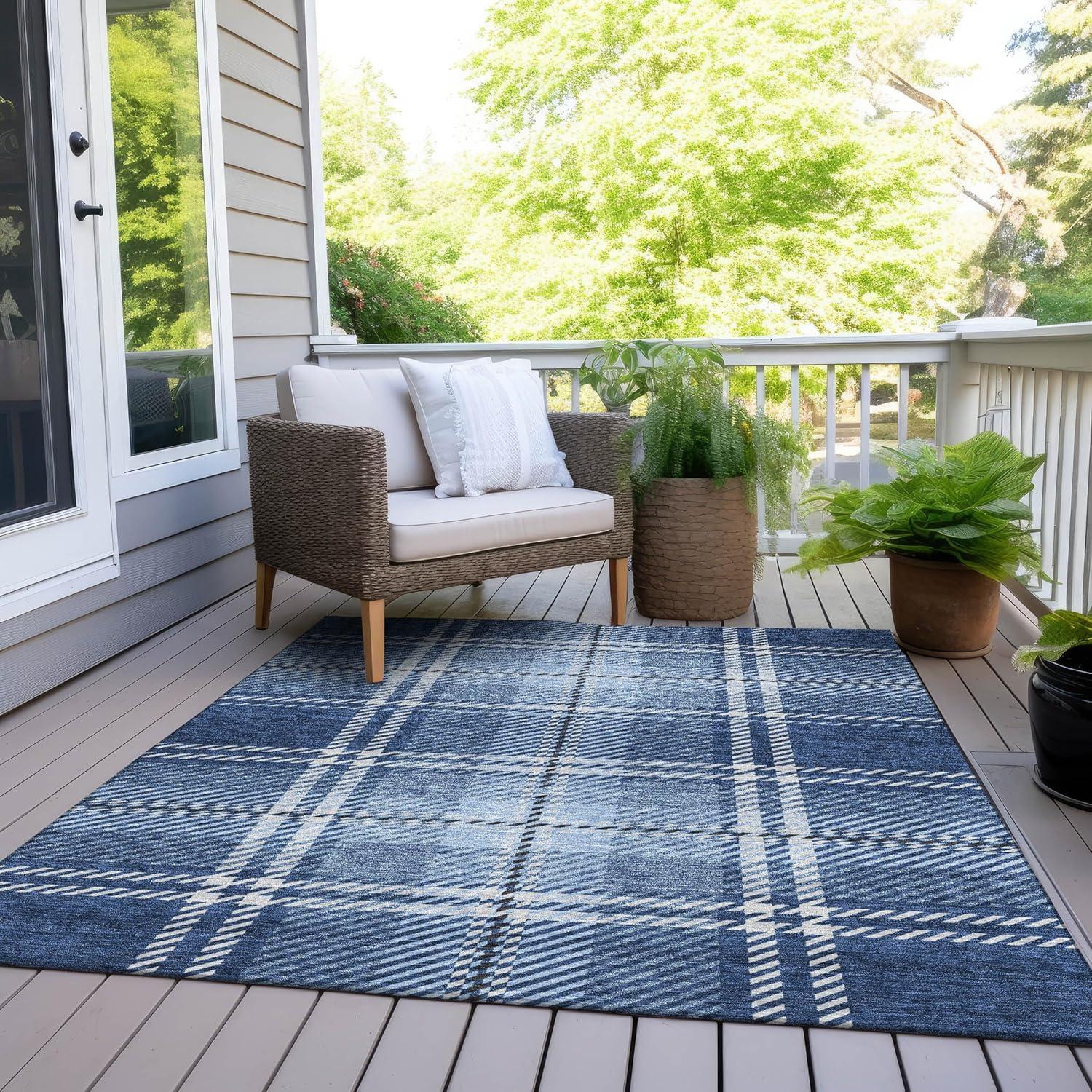 Navy and Light Blue Plaid Synthetic 8' x 10' Indoor/Outdoor Rug