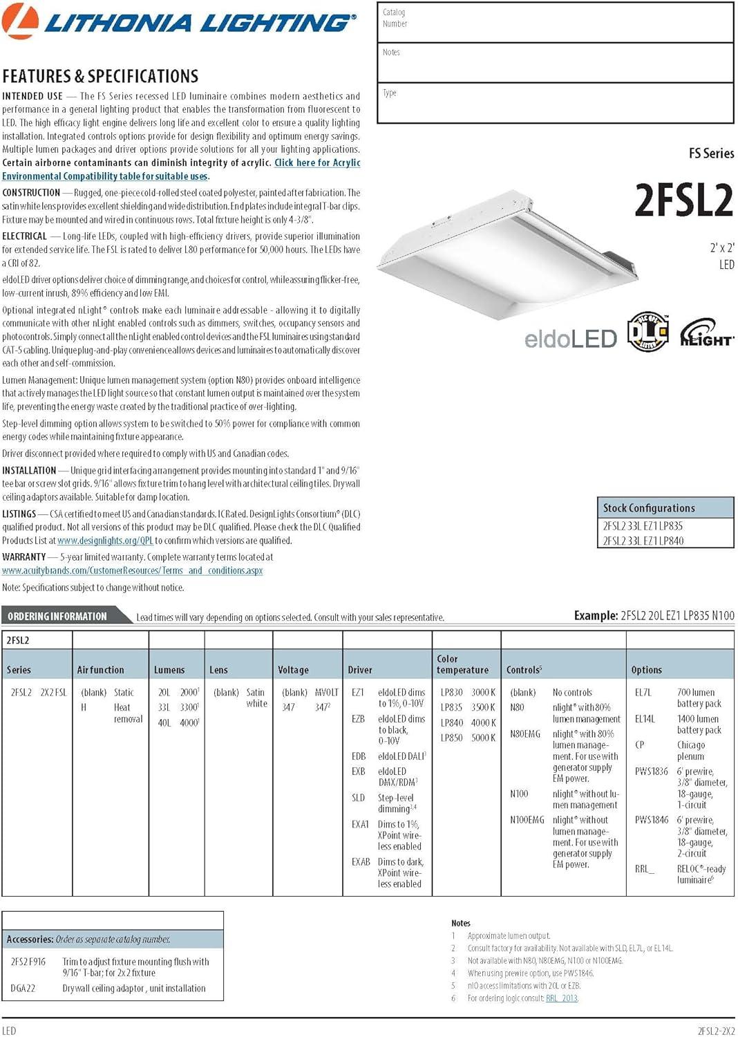 Lithonia Lighting Recessed Troffer,2 ft L,3412 lm,27.1W  2FSL2 33L EZ1 LP840