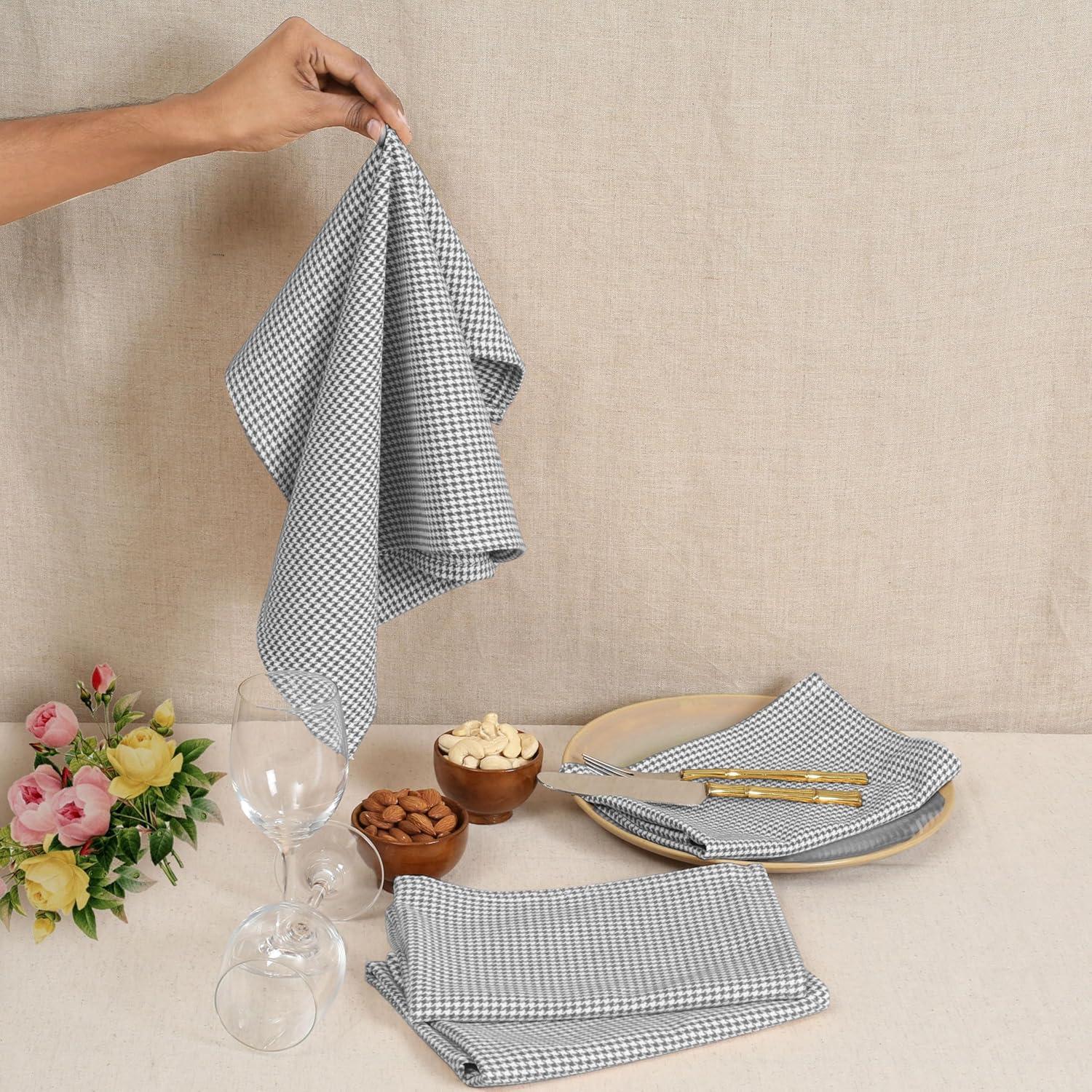 Native Fab Reusable Houndstooth Cloth Napkin 16x16 Cotton Set of 12 - Gray