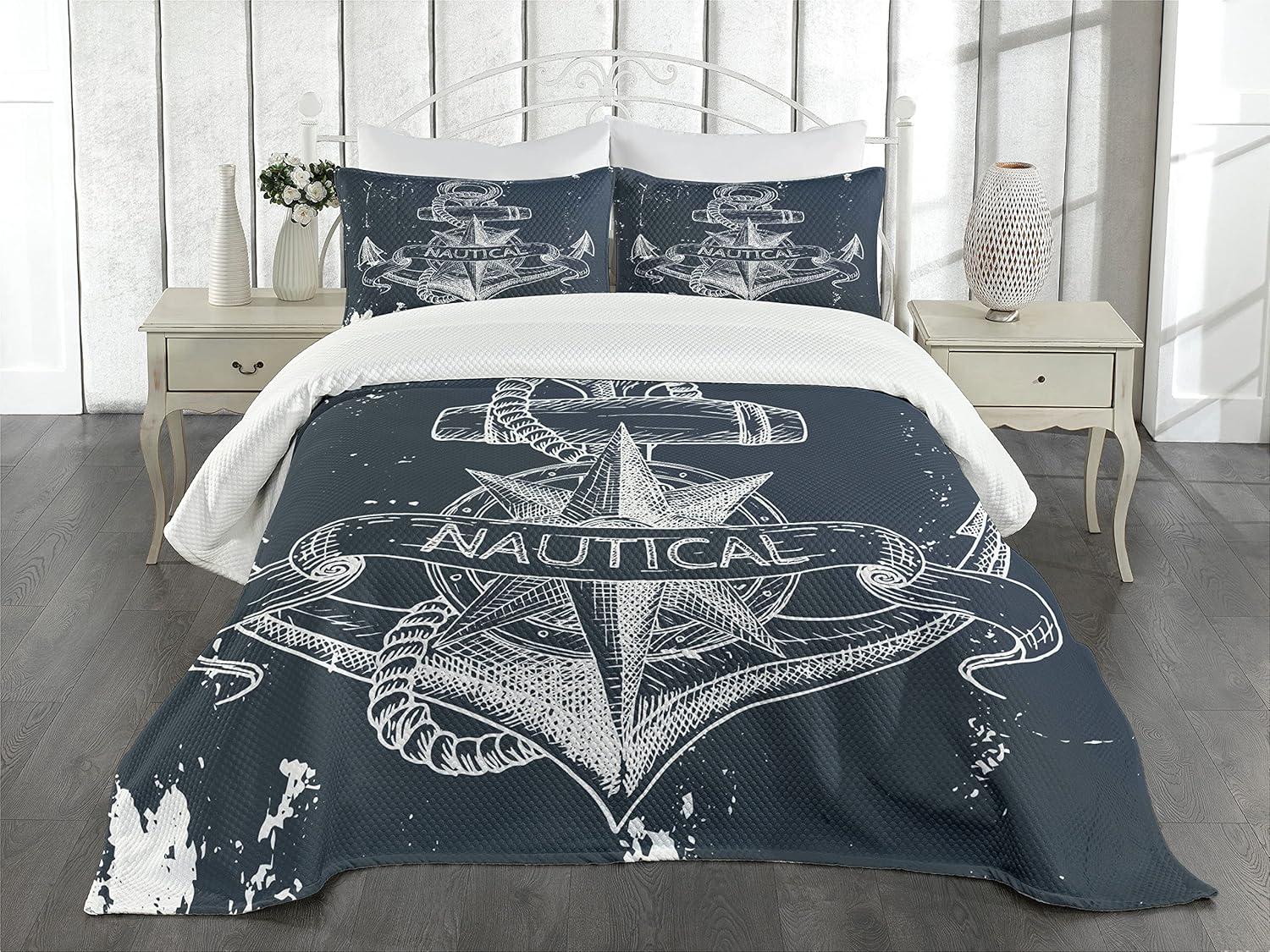 Ambesonne Nautical Bedspread Set Knot Anchor Compass Dark Blue White