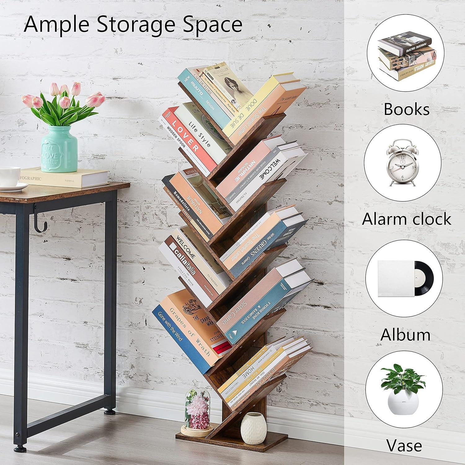 Hoctieon 10 Tier Tree Bookshelf, 10 Shelf Bookcase, Free Standing Tree Bookcase, Display Floor Standing Shelf for Books, Book Shelf Organizer, Rustic Brown