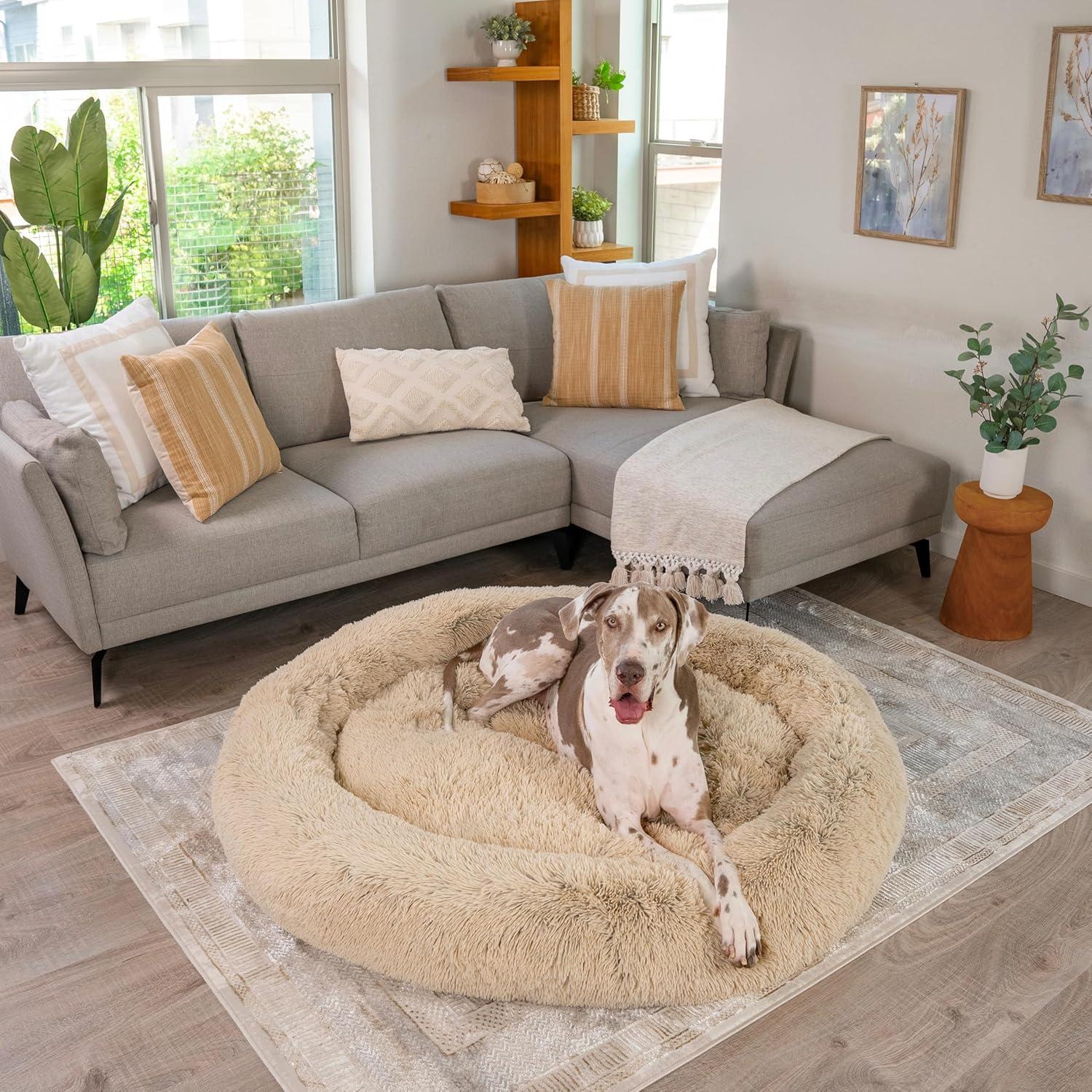 Best Friends by Sheri The Original Calming Donut Dog and Cat Bed Shag 2XL Dog Bed for Big Dogs, Taupe, 54" x 54"