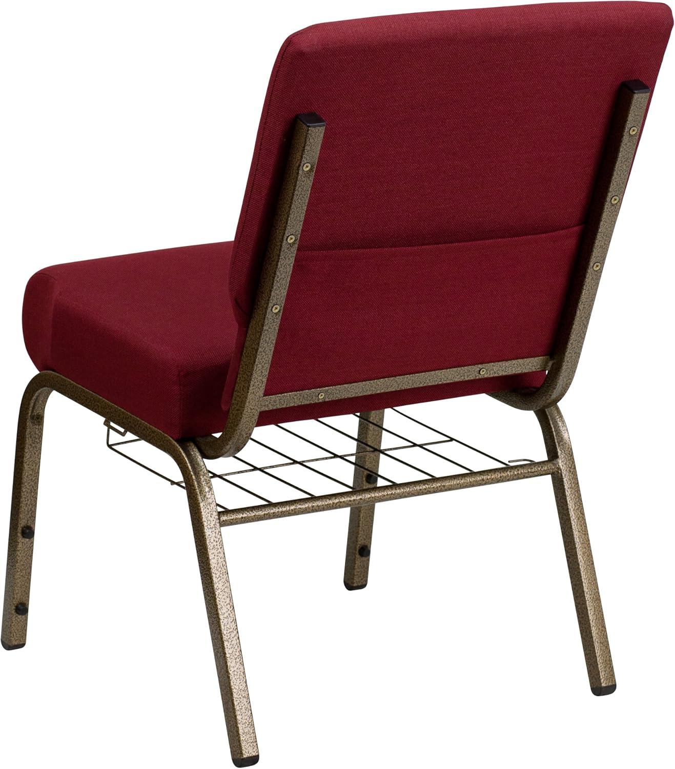 BizChair 4 Pack 21''W Church Chair in Burgundy Fabric with Cup Book Rack - Gold Vein Frame