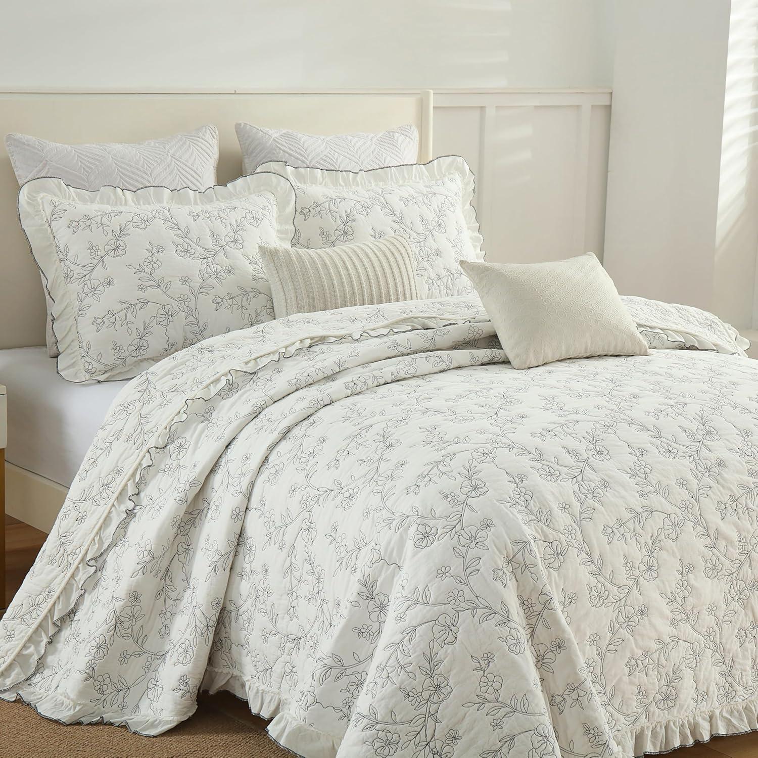 Queen Size White Cotton Floral Embroidered Bedspread Set