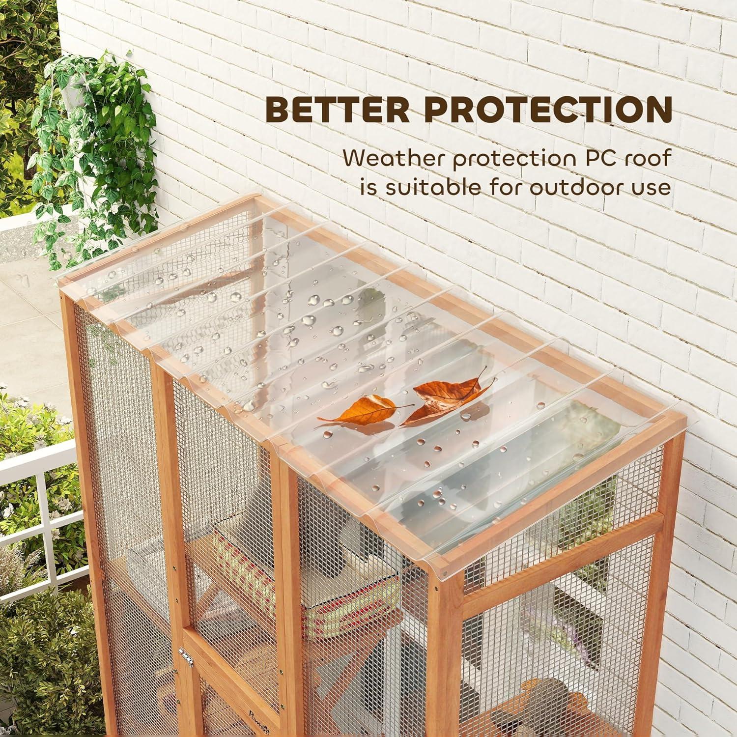 PawHut Outdoor Catio Cat Enclosure, Large Wooden Cat House with 6 Jumping Platforms, Scratching Post, 2 Ramps, Waterproof Roof, for 2-3 Kittens