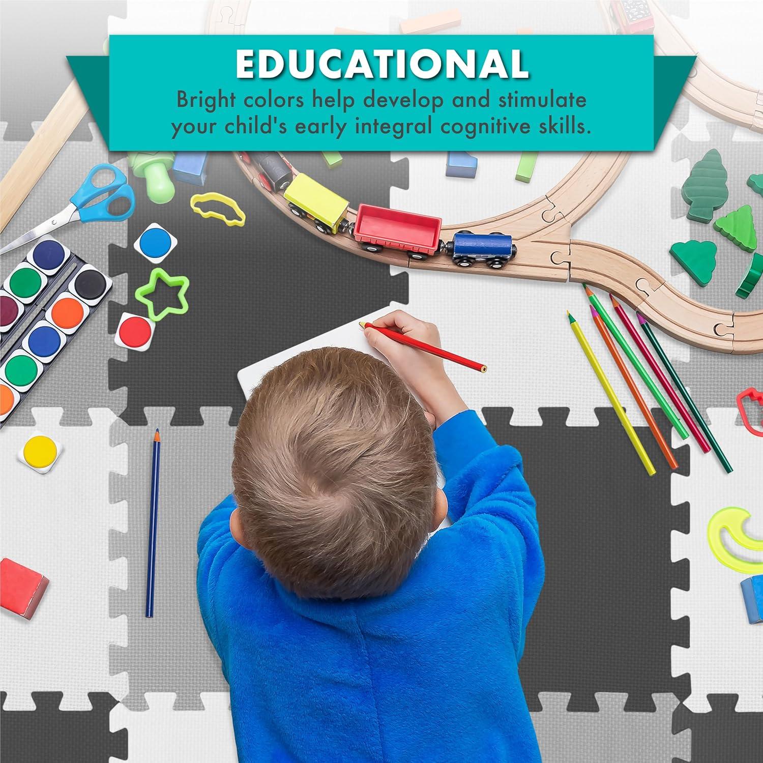 Prosource Kids Solid Floor Play Mat 3/8-in, 16 Sq Ft - 16 Tiles, Black/Grey/White