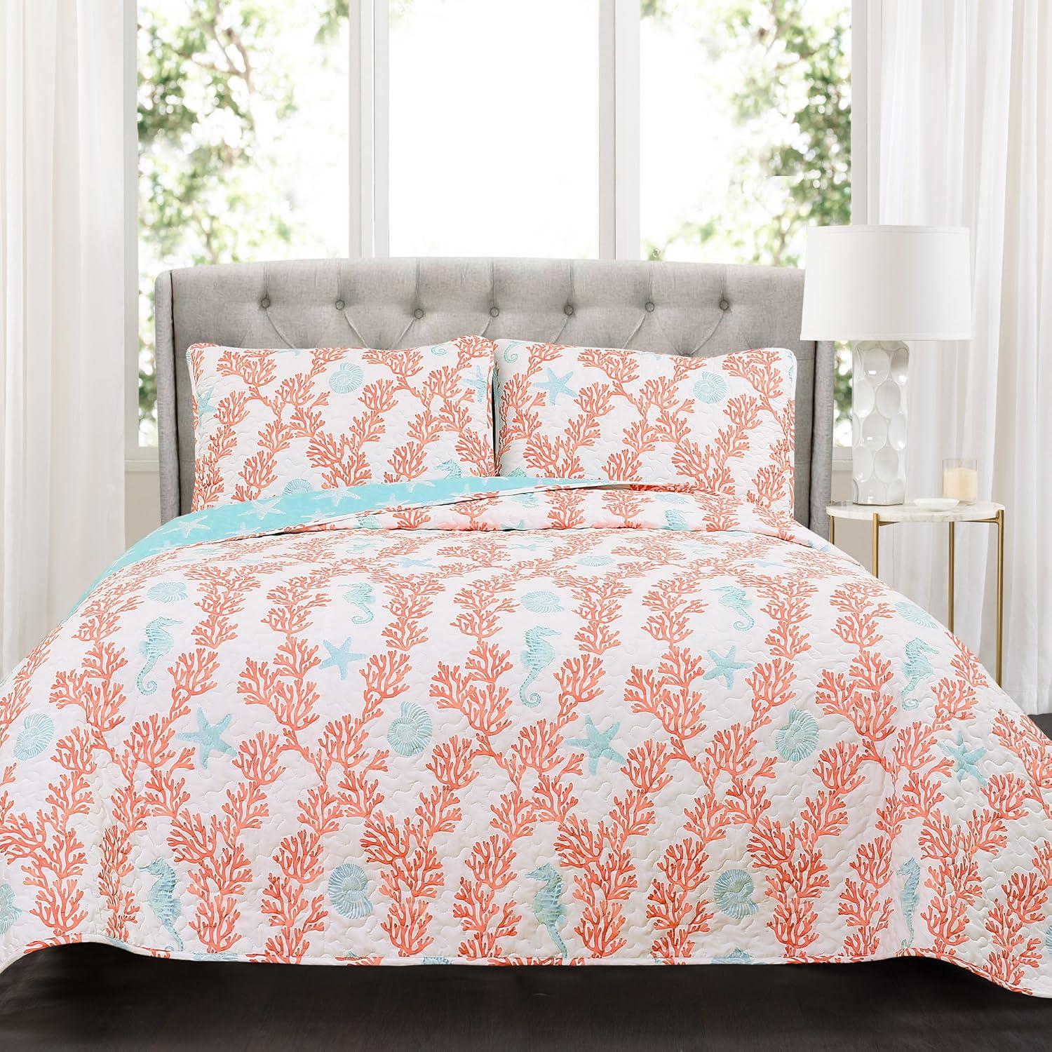 Queen Coral and Blue Cotton Reversible Quilt Set