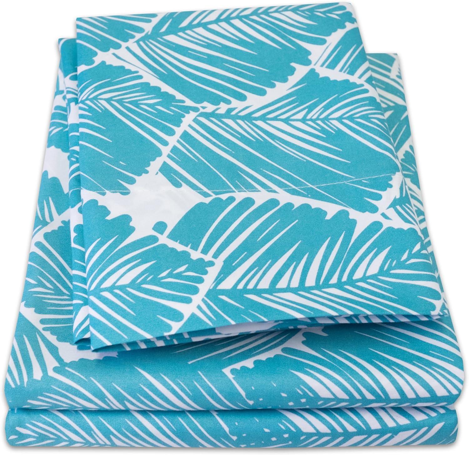 California King Teal Tropical Leaf Microfiber Deep Pocket Sheet Set