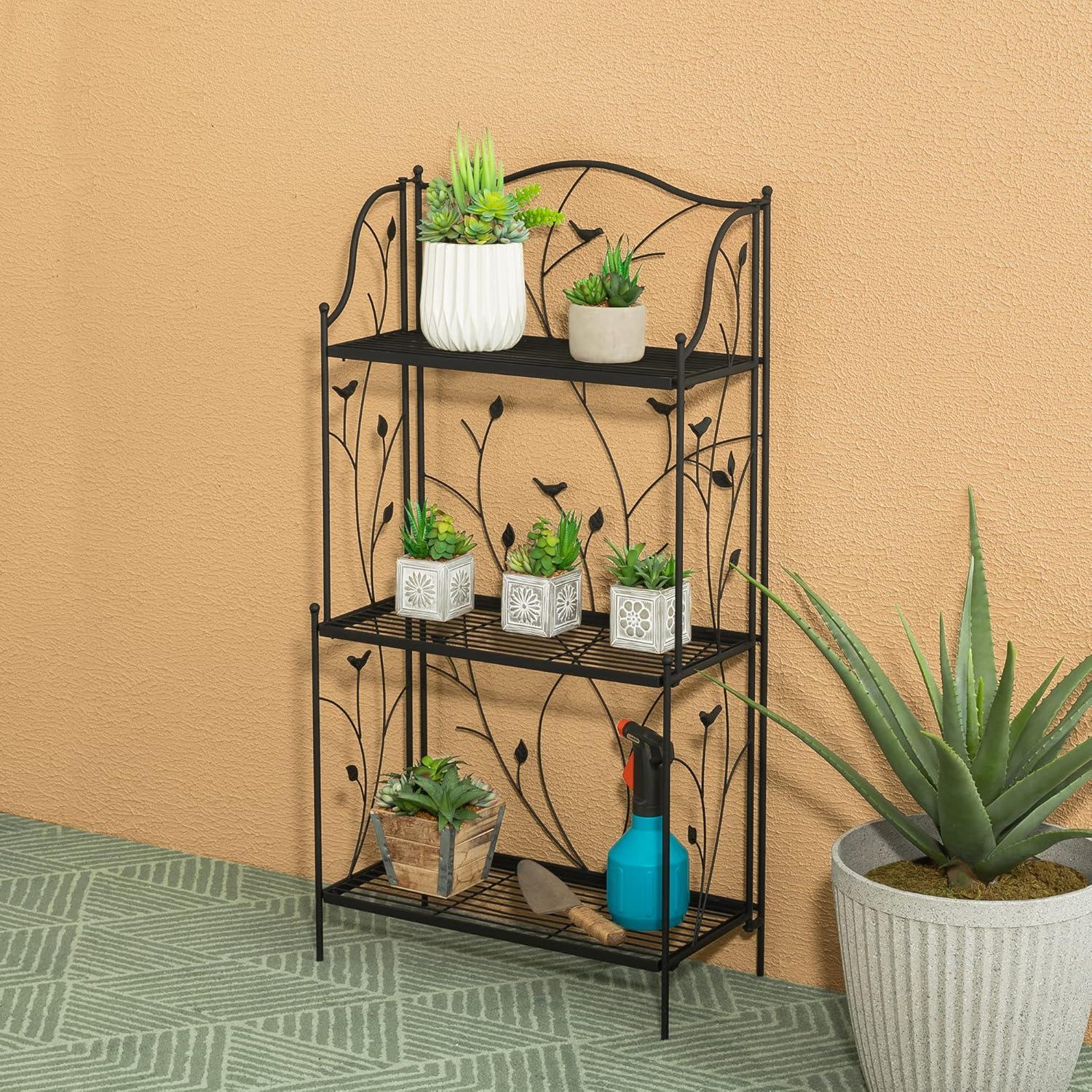 Black Metal 3-Tier Rectangular Plant Stand with Vines and Birds