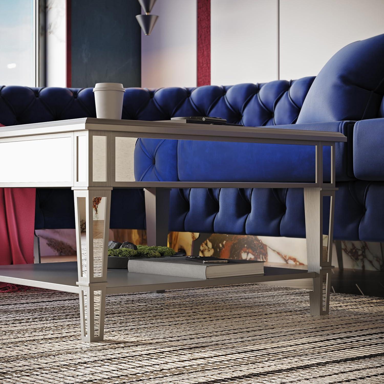 Square Mirrored Metal Coffee Table with Storage, 28.5"