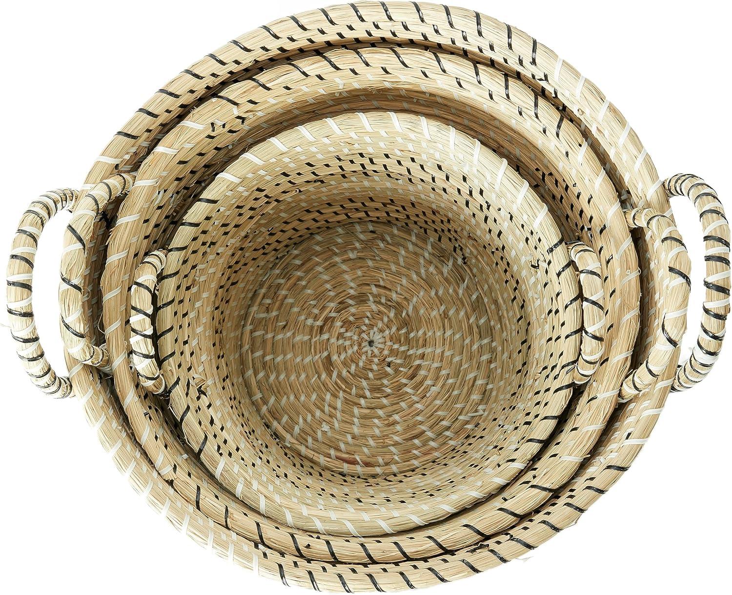 DecMode 14", 17", 19"H Beige Seagrass Handmade Two Toned Storage Basket with Handles, 3-Pieces