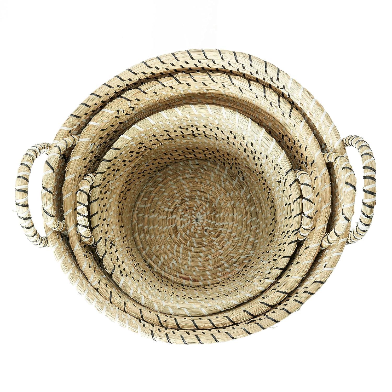 CosmoLiving by Cosmopolitan 13", 16", 18"W Brown Seagrass Handmade Two Toned Storage Basket with Handles, 3-Pieces