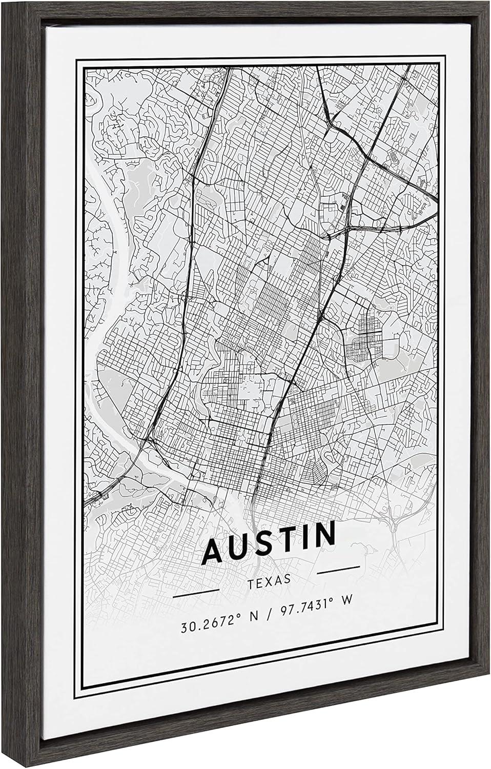 Austin Modern Map Framed Canvas Wall Art, 18x24, Dark Gray