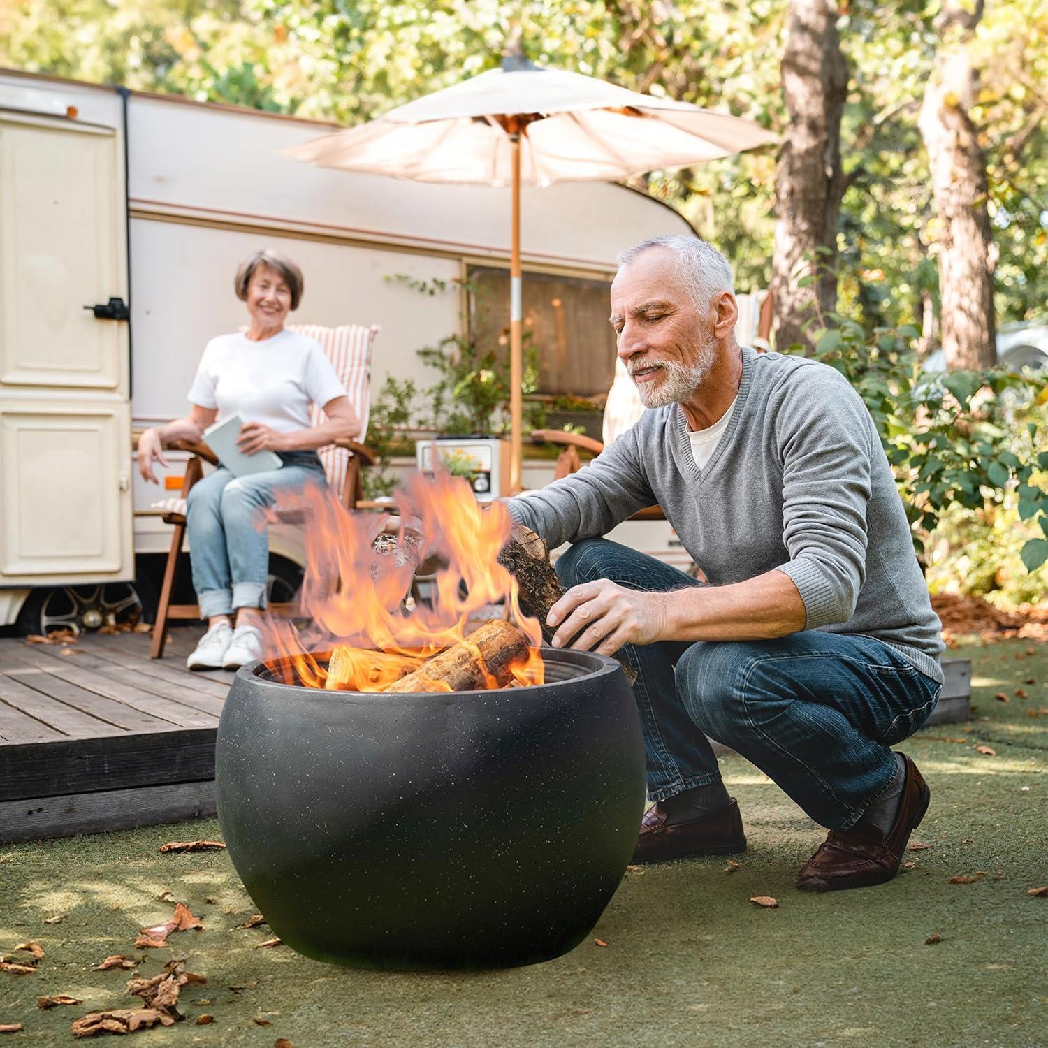 Pure Garden 24" Magnesium Oxide Round Outdoor Fire Pit Set Black: Includes Poker, Cover, 4200 BTU Output