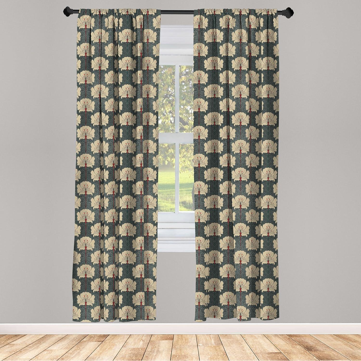 Ambesonne Floral Curtains, Art Nouveau Poppies, Pair of 28"x95", Tan Grey Vermilion