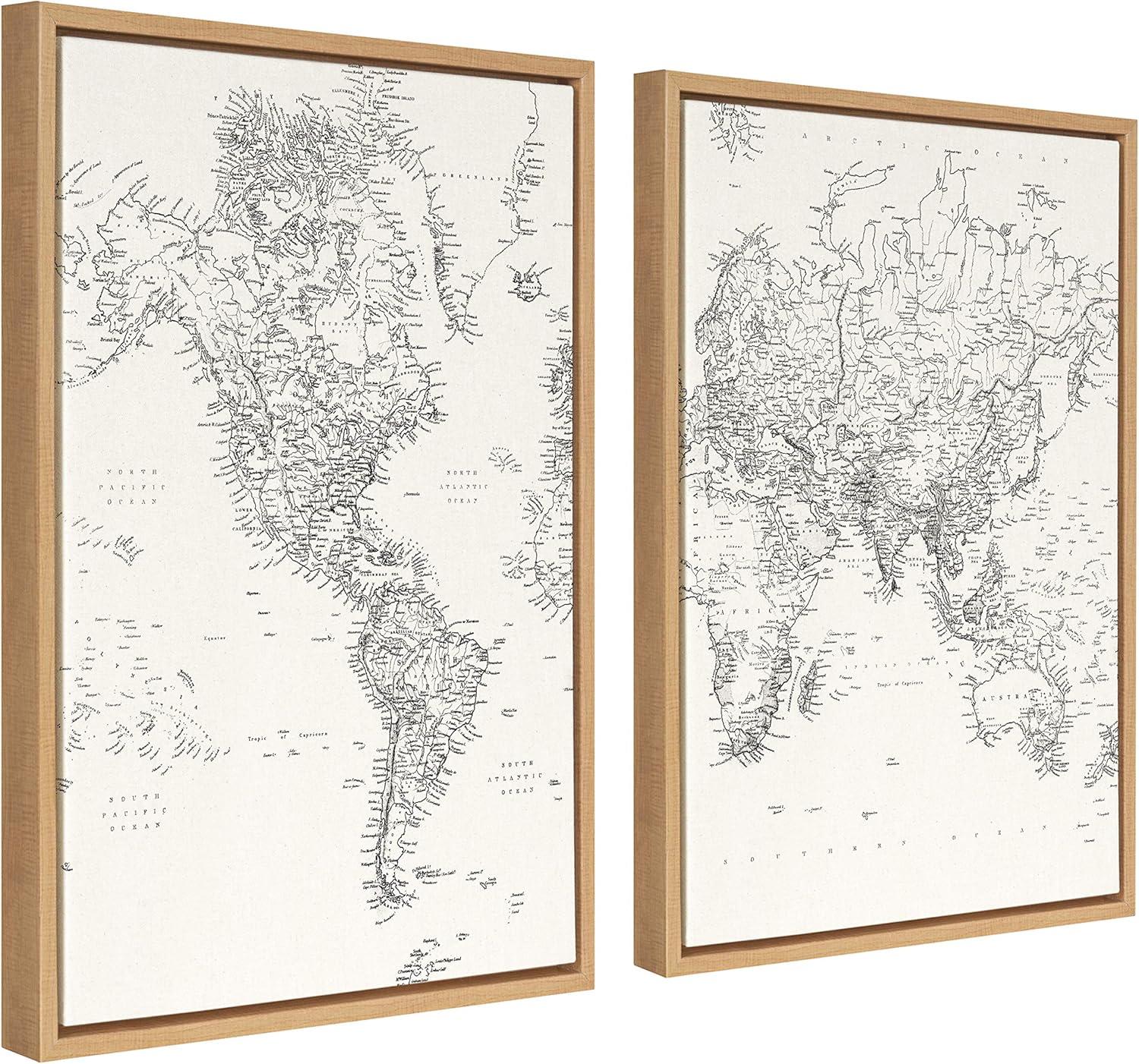 Vintage Black and White World Map Framed Canvas Set