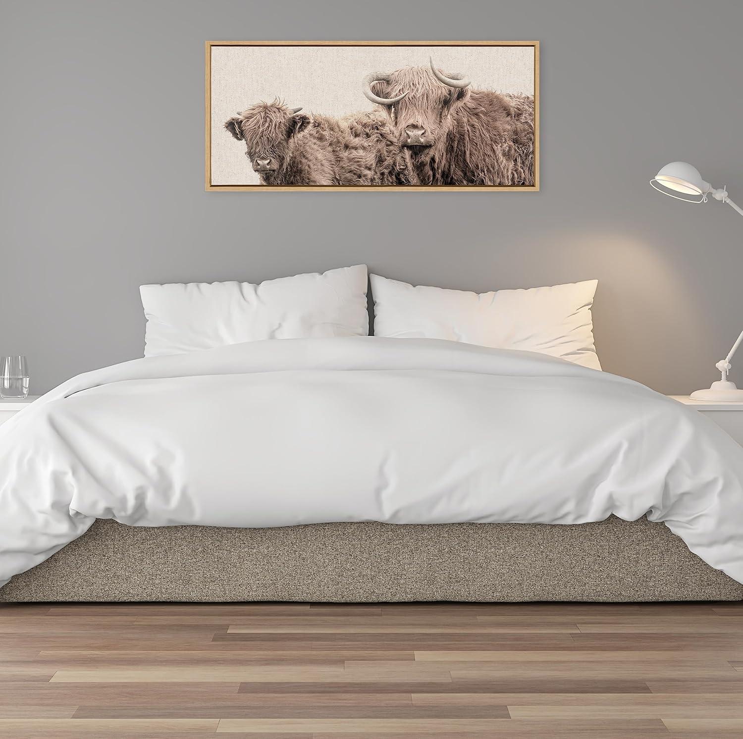 Kate and Laurel Sylvie Two Highland Cow Best Friends Color Neutral Linen Bright Framed Canvas Wall Art by The Creative Bunch Studio, 18x40 Natural, Wide Farm Animal Portrait Art for Wall