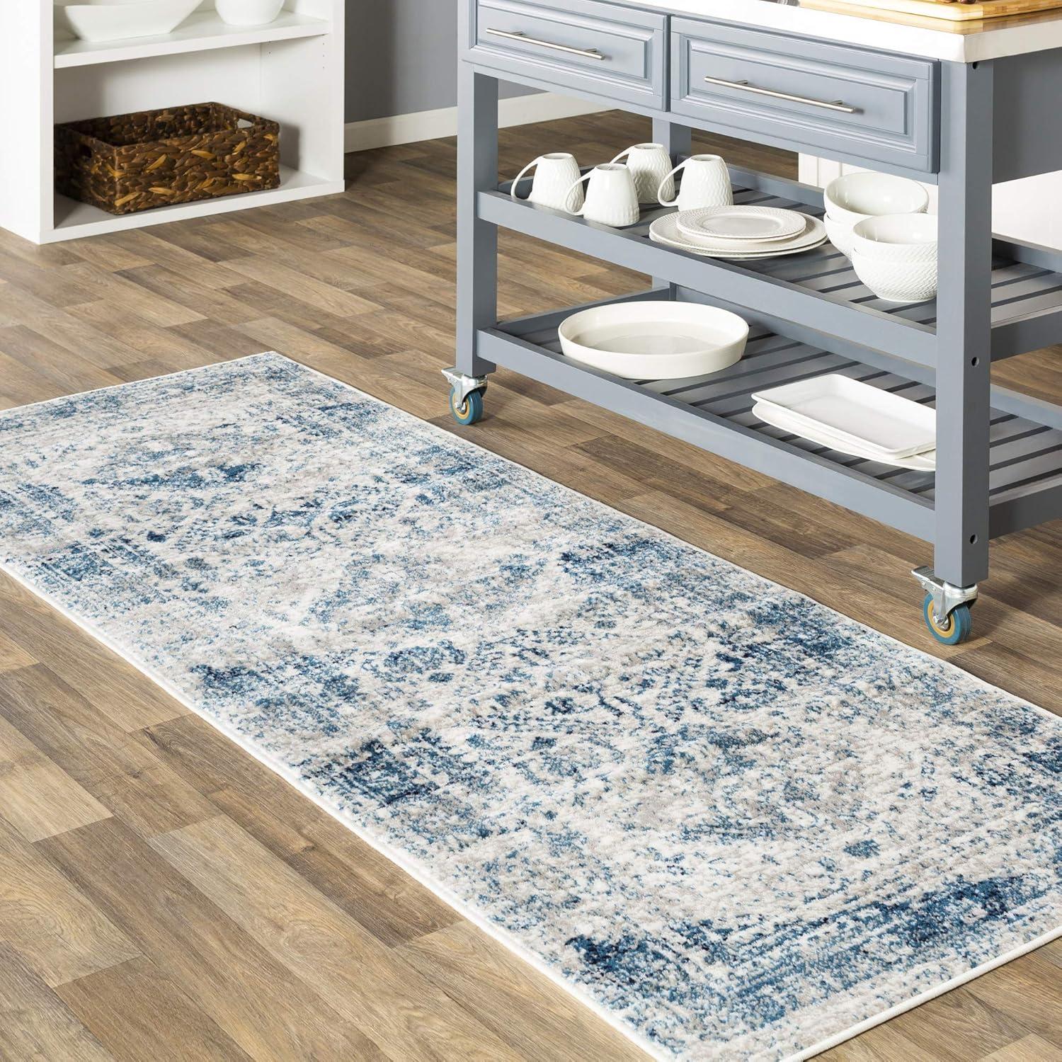 Blue and White Synthetic Vintage Runner Rug, 2'7" x 7'3"