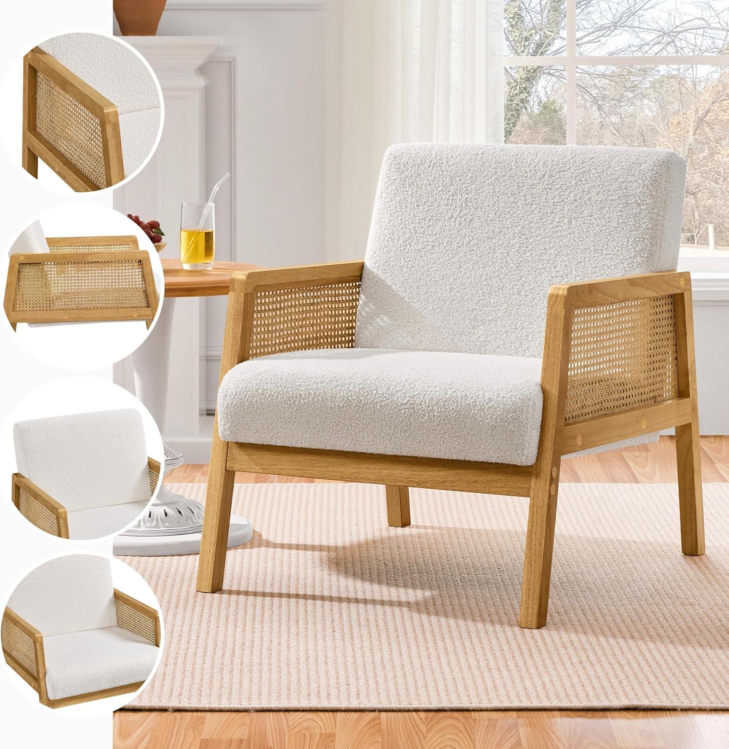 Yaheetech Fabric Upholstered Accent Chair with Rattan Armrest and Wood Legs