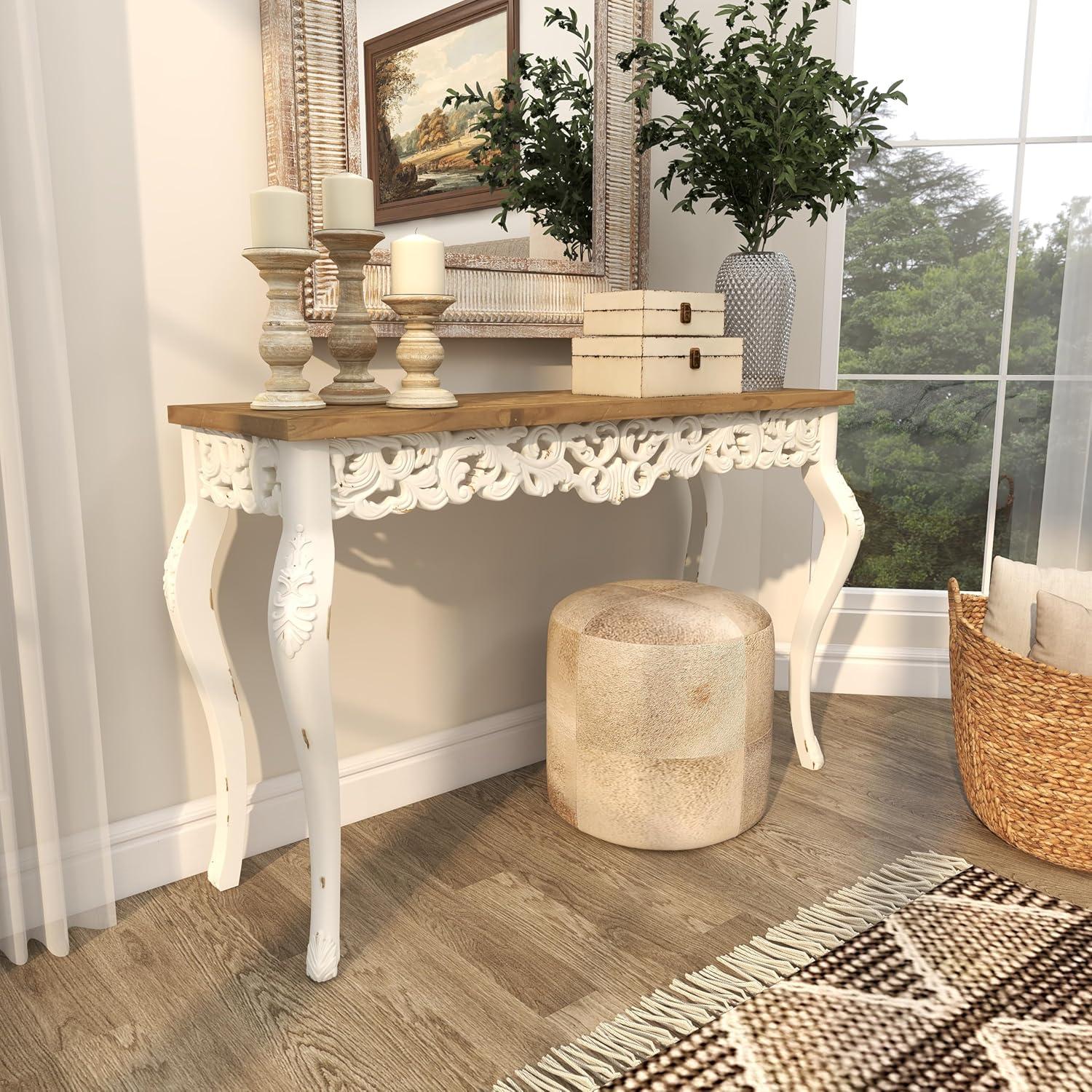 Wood Parisian Design Floral Ornate Detailing Console Table White - Olivia & May