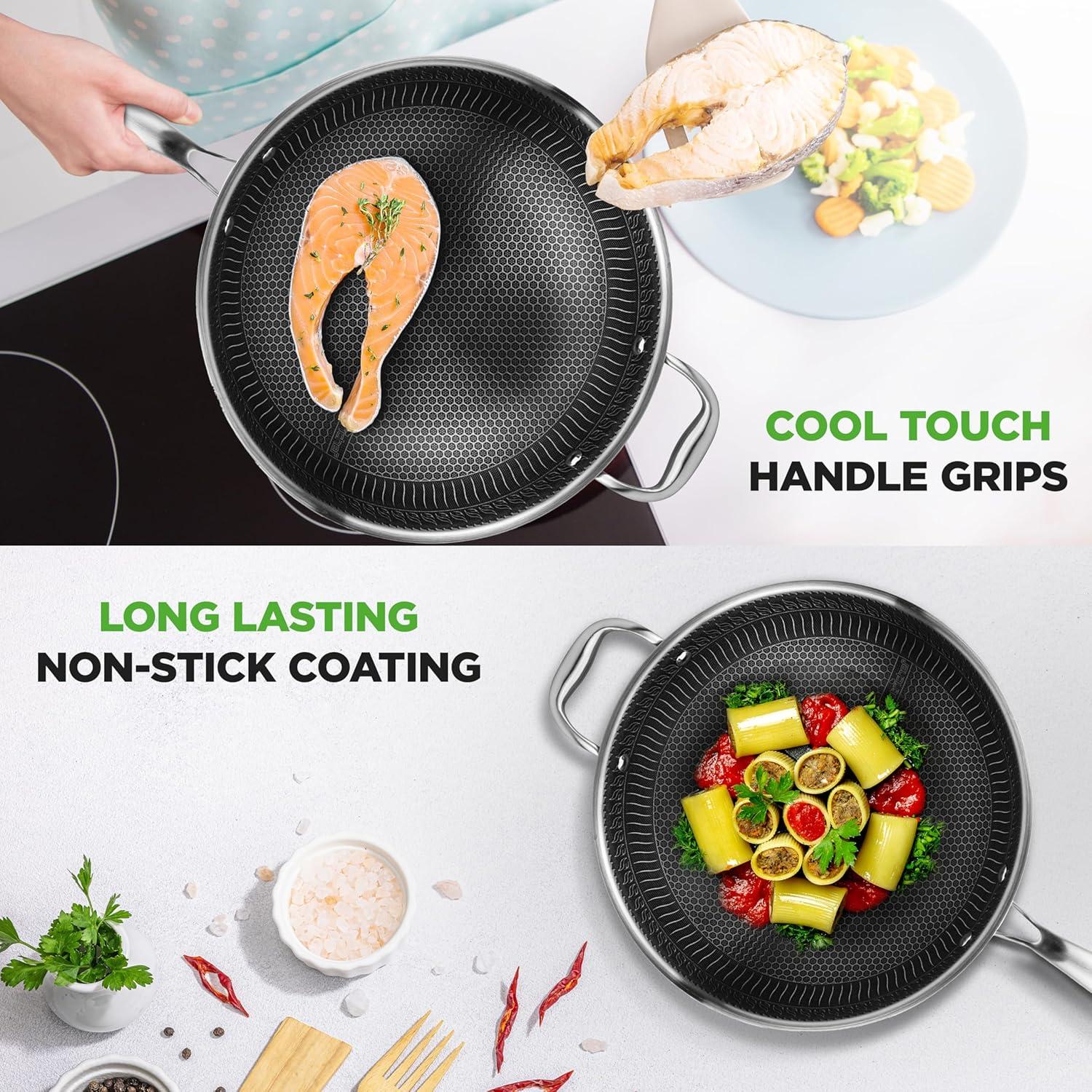 NutriChef 12 Inch Stainless Steel Nonstick Cooking Wok Kitchen Stir Fry Pan with Glass Lid for Gas, Electric, Ceramic, and Induction Counter Cooktops