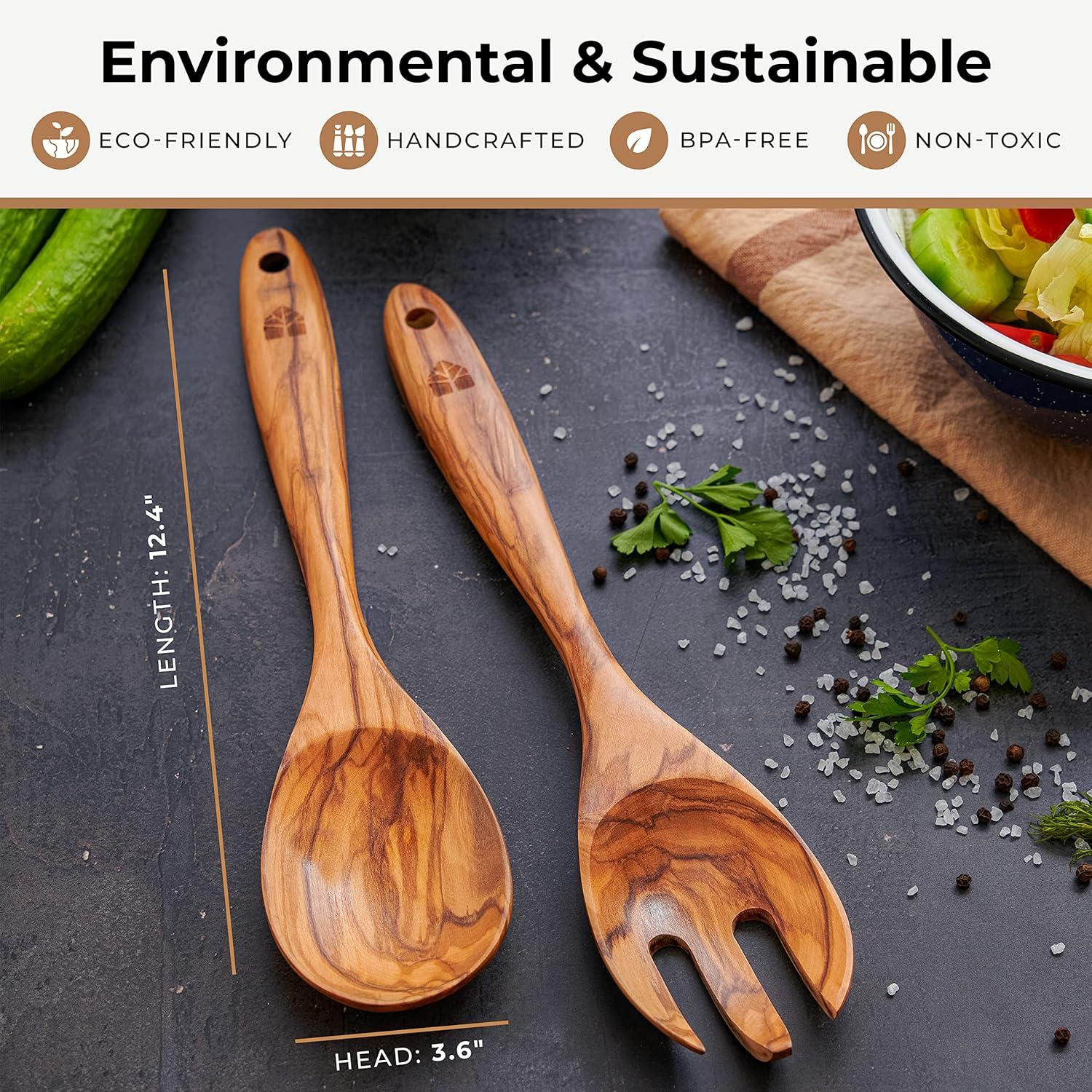 12-inch Natural Olive Wood Salad Tongs and Fork Set