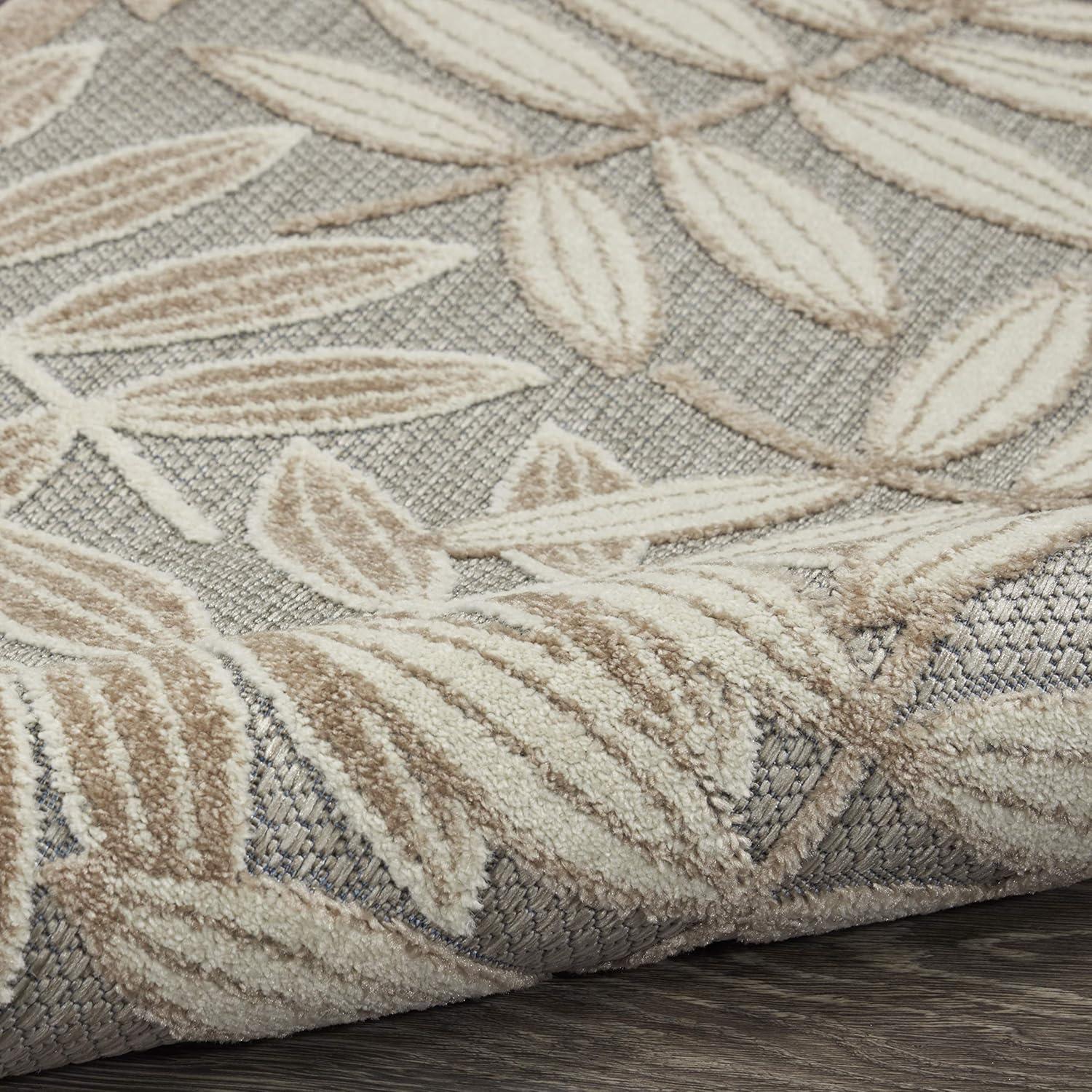 Nourison Aloha Floral Leaf Flatweave High-Low Indoor Outdoor Round Rug Natural 5'3" x 5'3"