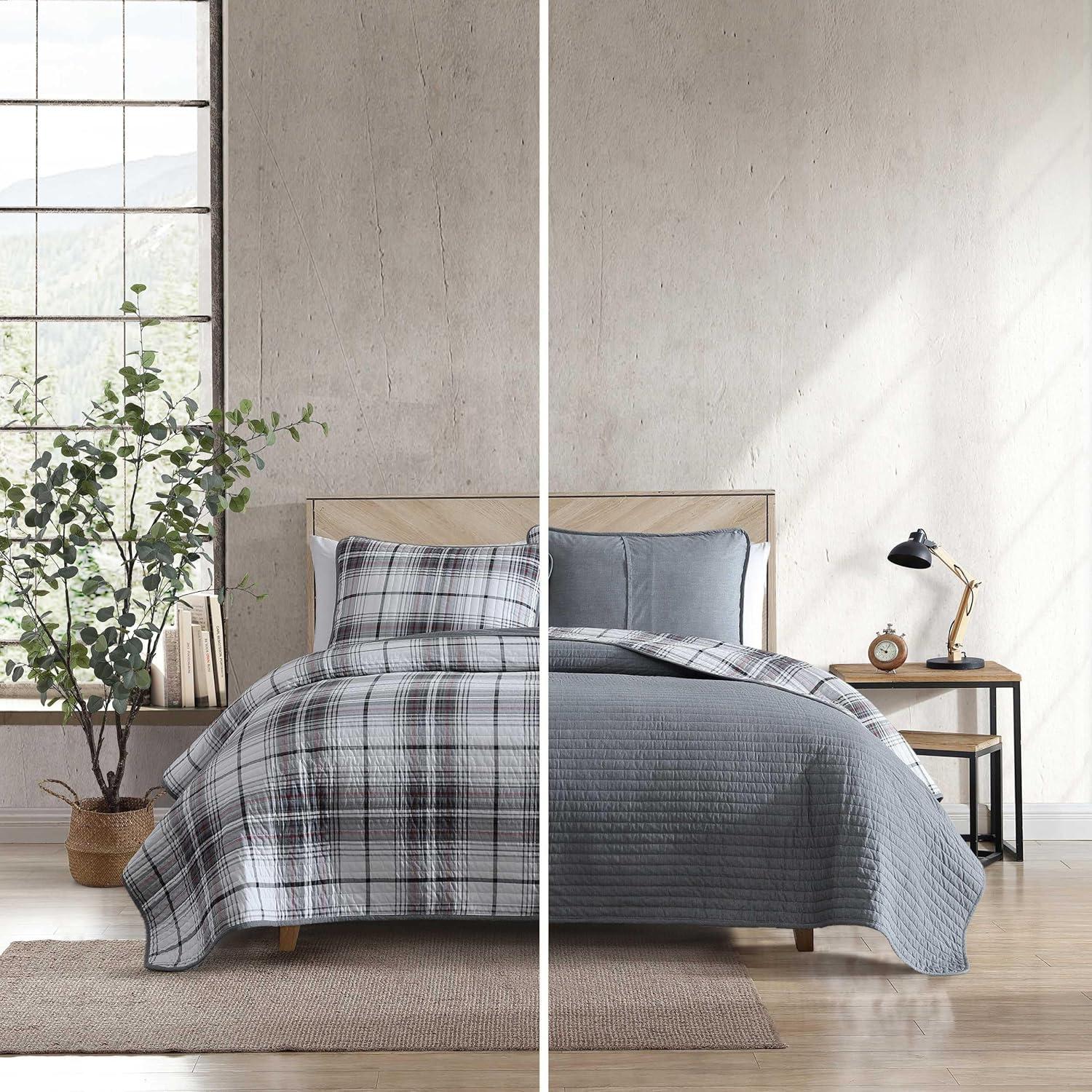 Eddie Bauer - Twin Quilt Set, Reversible Cotton Bedding with Matching Sham, Plaid Home Decor for All Seasons (Alder Plaid Grey, Twin)