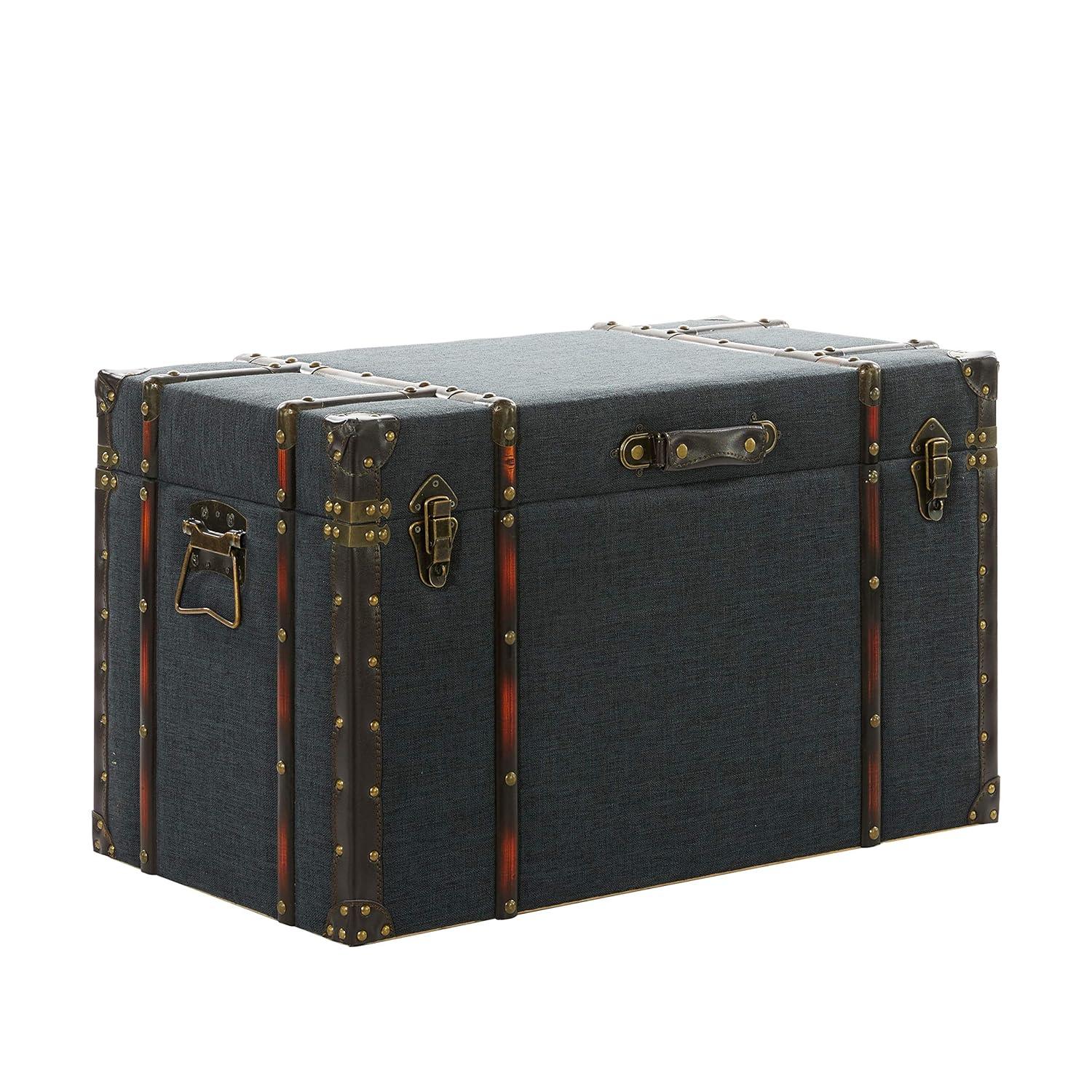 DecMode 24" x 13" Blue Linen Fabric Nesting Upholstered Trunk with Buckle Hinged Top, 3-Pieces