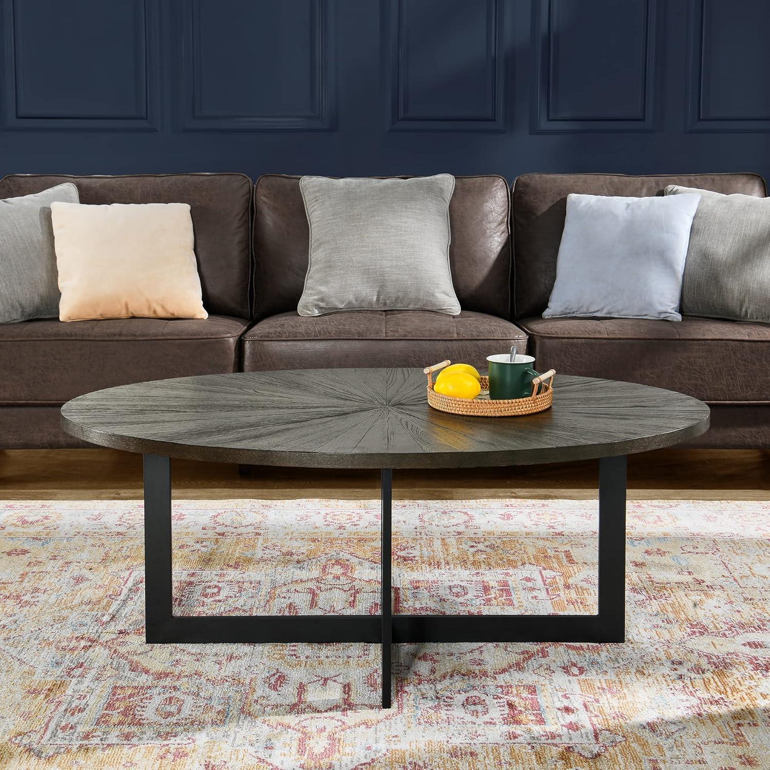 Solid Wood Oval Coffee Table with Black Cross Metal Legs