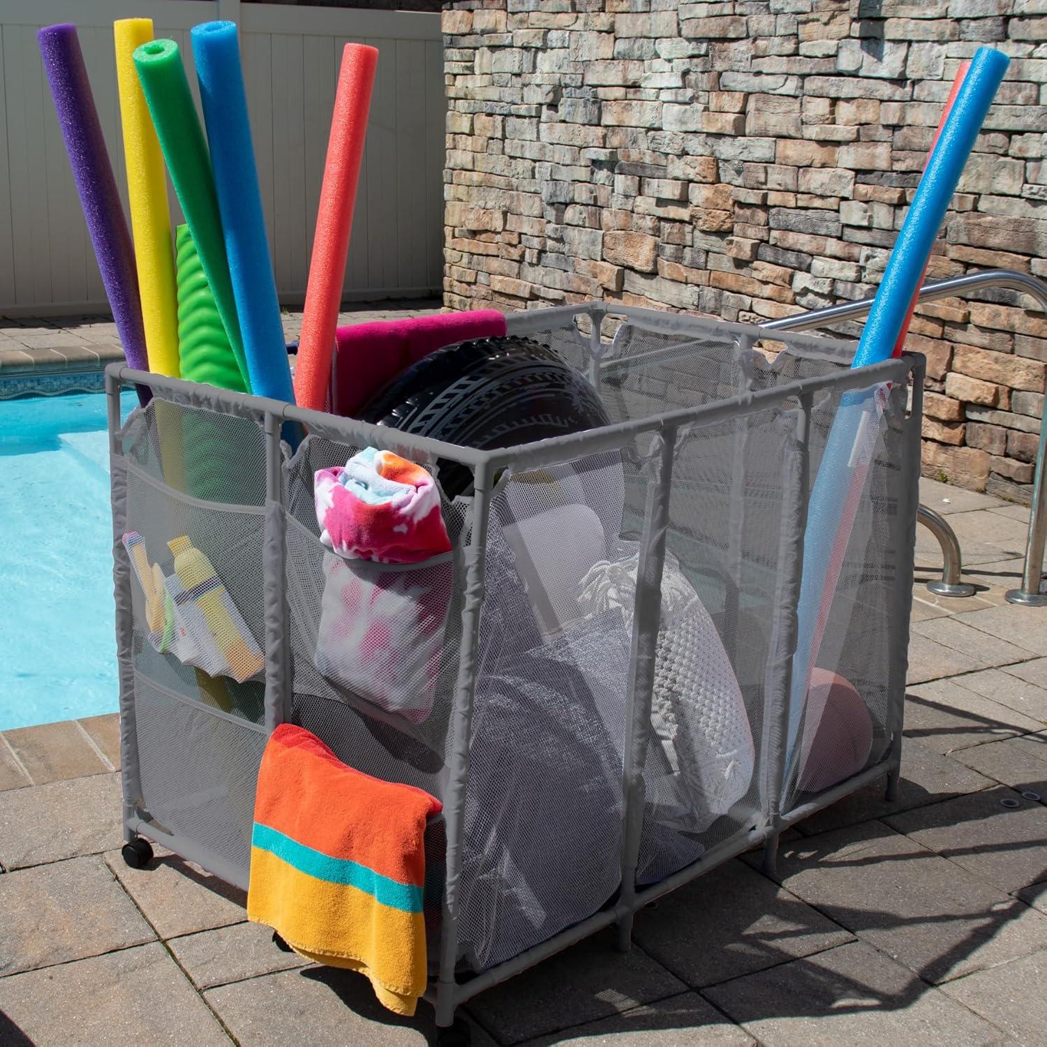 Pool Noodles Holder, Toys, Floats, Balls and Floats Equipment Mesh Rolling Storage Organizer Bin, Extra Large (30.2" L x 47.2" W x 34" H), Gray