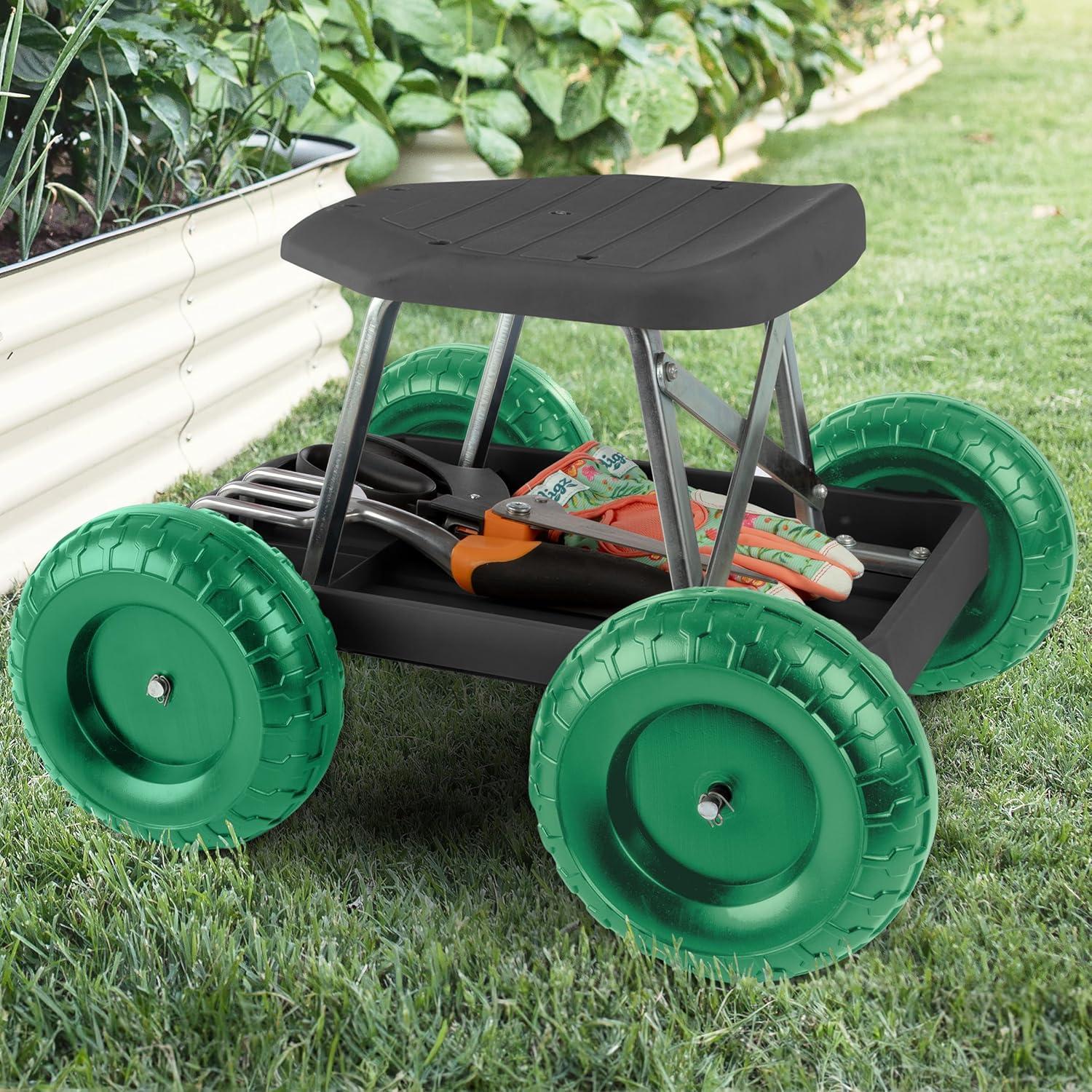 BINLIS PVC Plastic Stainless Steel Pure Garden Rolling Gardening Stool with Wheels and Storage