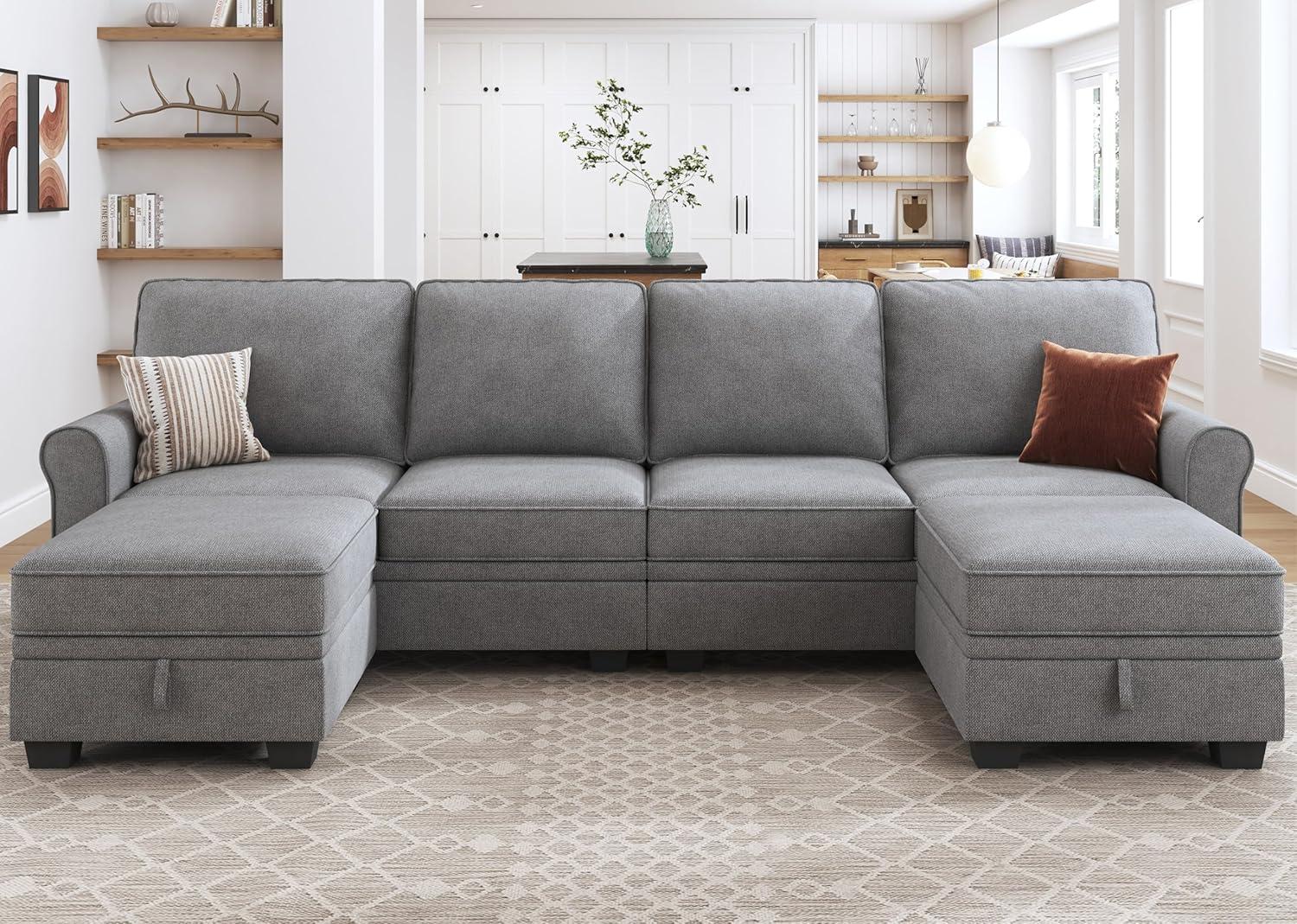 HONBAY Modern U-Shaped Sectional Couch Set with Storage Space and Storage Ottomans for Living Room, Light Grey