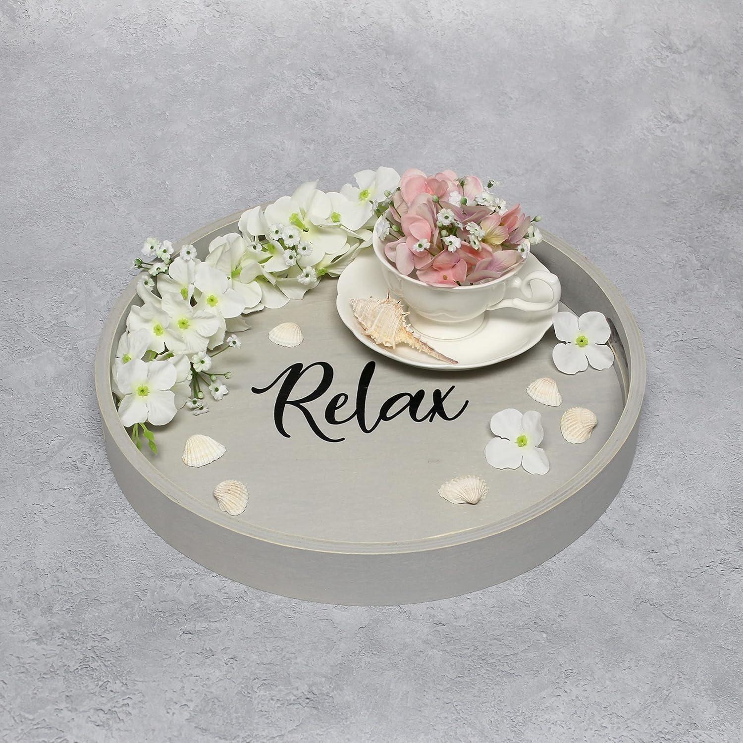 Elegant Designs Decorative 13.75" Round Wood Serving Tray w/ Handles, "Relax"