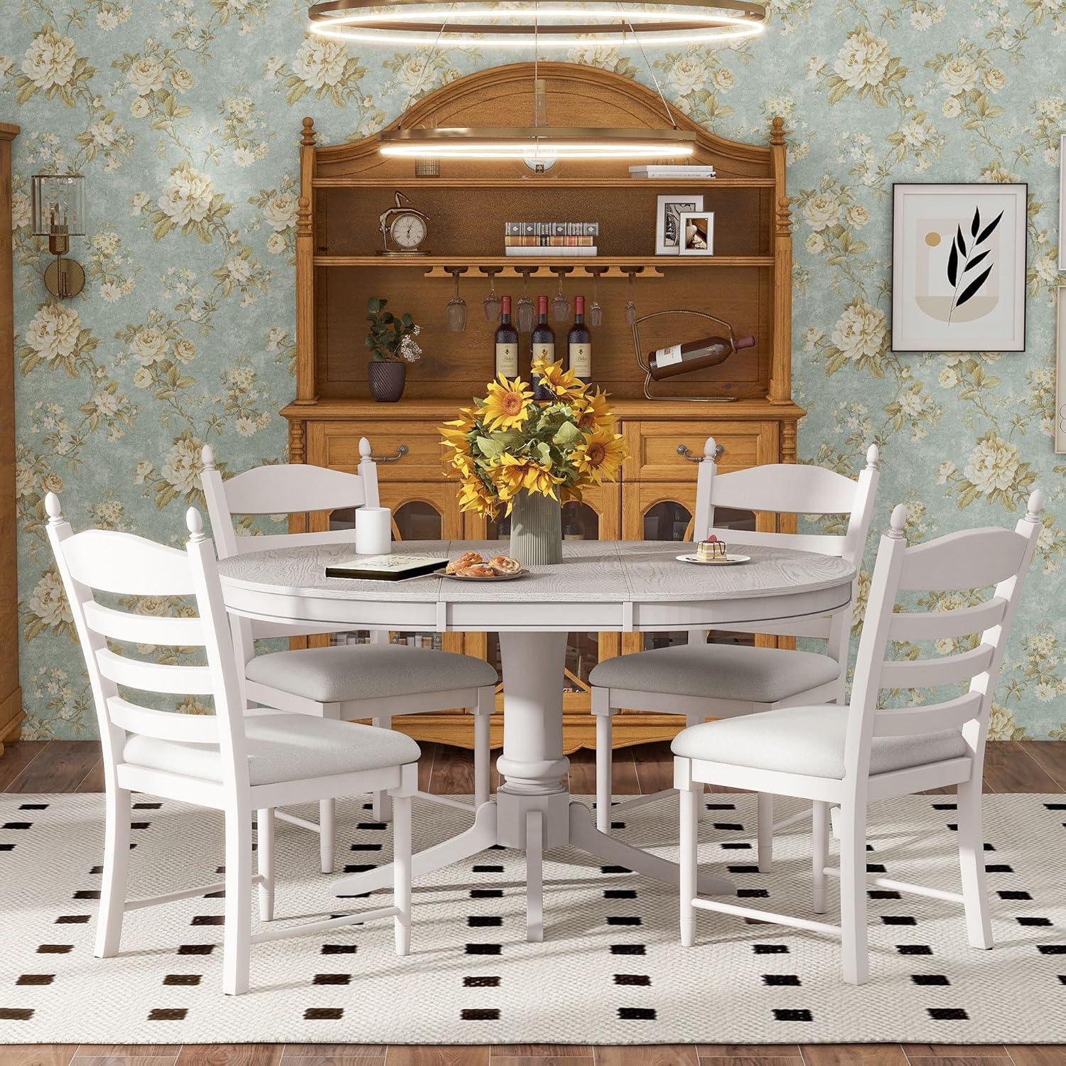 MERITLINE Dining Table Set, 5-Piece Retro Functional Dining Table Set, Wood Round Extendable Dining Table and 4 Upholstered Dining Chairs（Off White）