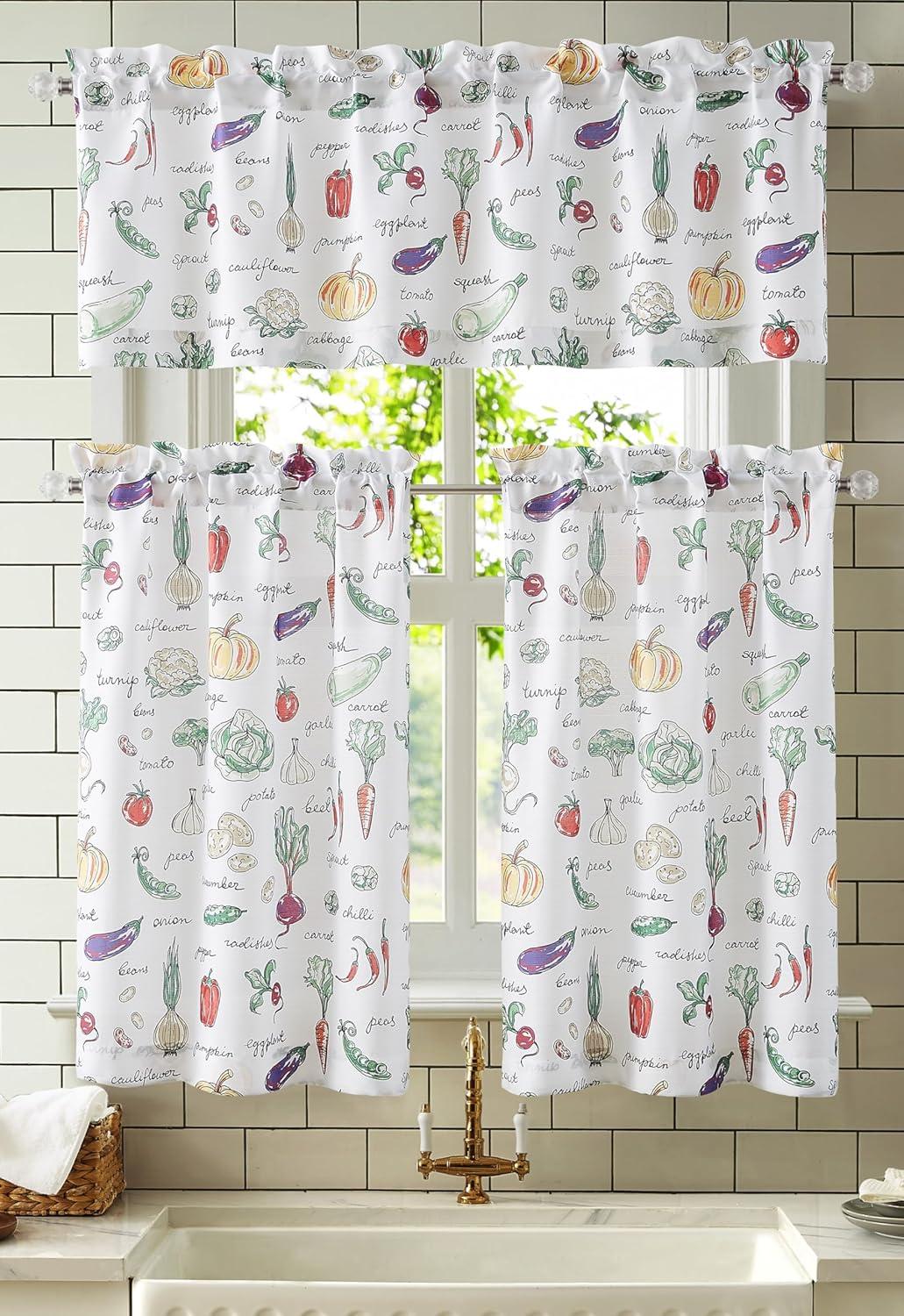 RT Designer's Collection Tribeca Vegetables Printed 3 Pieces Kitchen Curtain Set Includes 1 Valance 52" x 18" and 2 Tiers 26" x 36" Each Multi Color