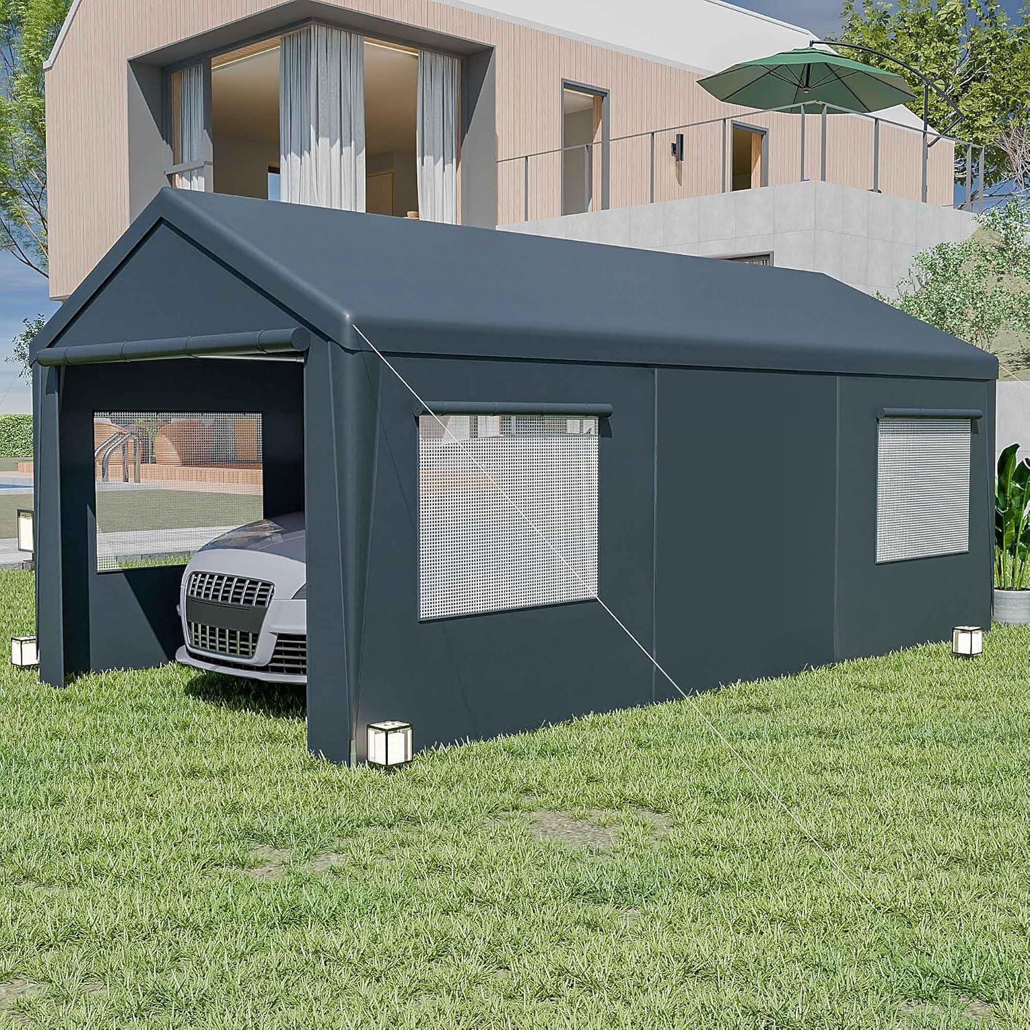 10x20ft Carport Portable Garage, Heavy Duty Carport Canopy with 2 Rolling Doors and 4 Ventilation Windows for Cars, Trucks, Boats, Garden Tools