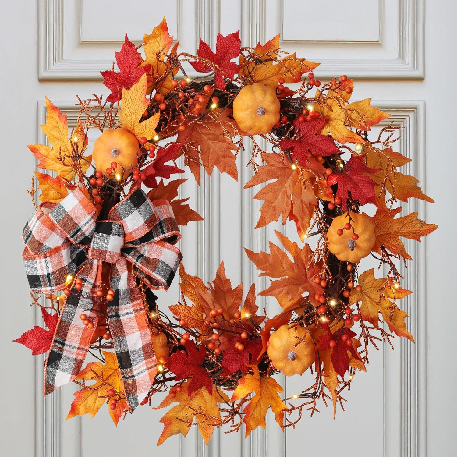 Haute Decor 24 Inch Pre-Lit Fall Pumpkin Artificial Wreath with 30 Warm White Lights