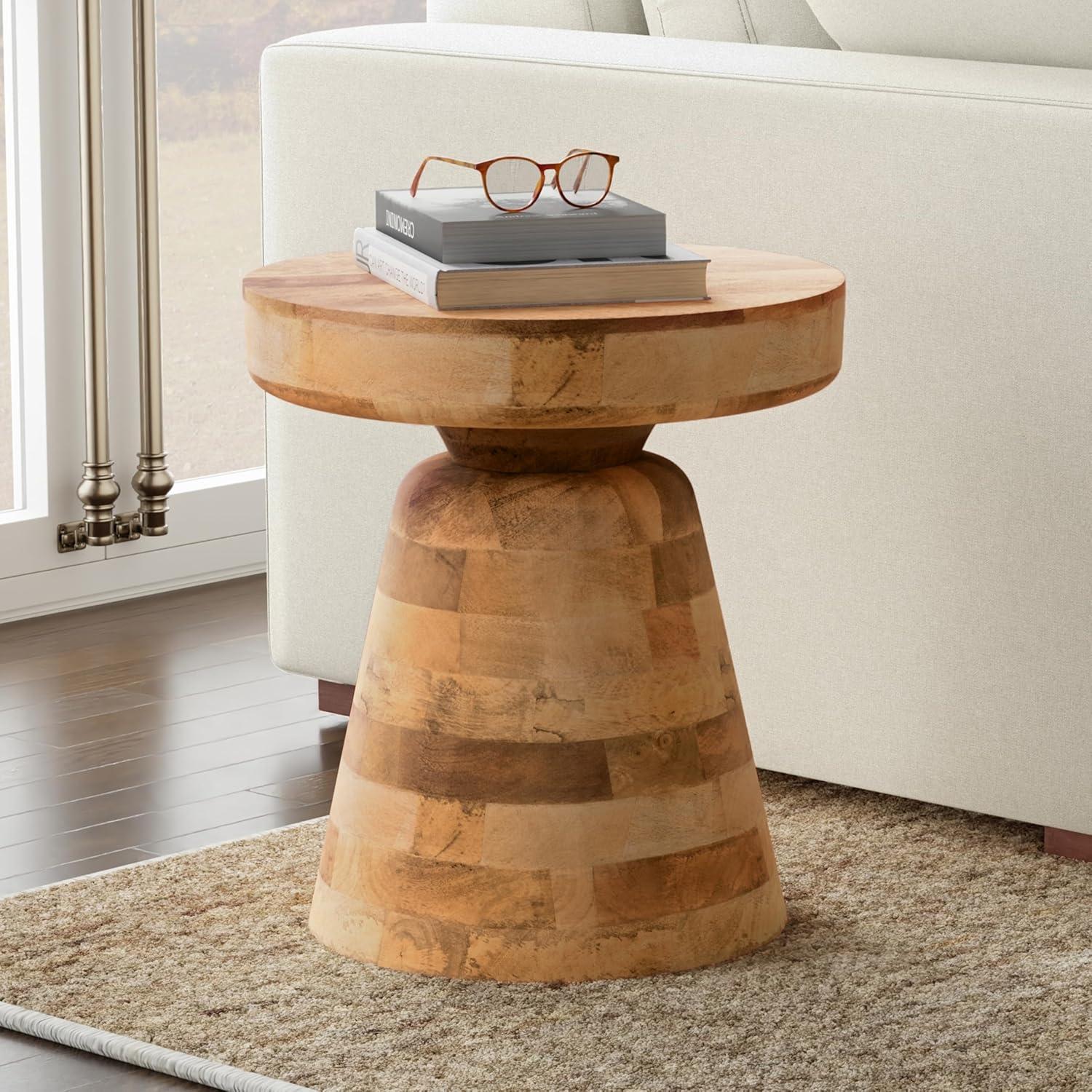 Simpli Home Robbie 16"W Solid Mango Wood Round Accent Table with Sculptural Design
