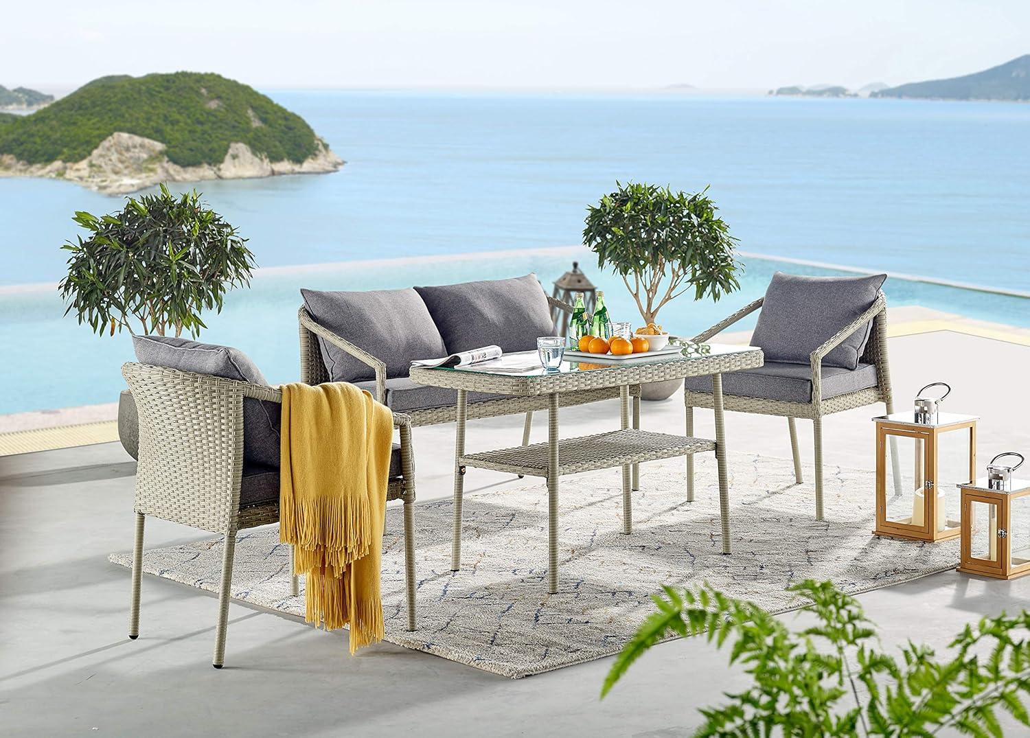 Windham All-Weather Wicker Two-Seat Outdoor Light Gray Bench with Dark Gray Cushions