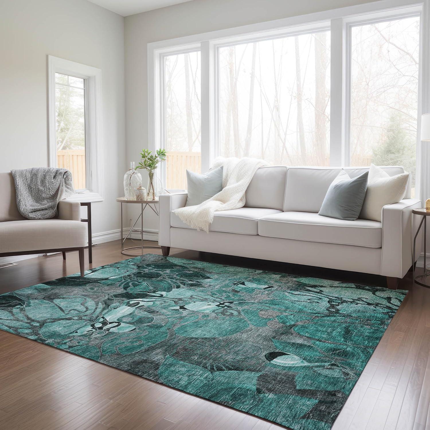 Teal Floral Rectangular Machine-Washable Synthetic Area Rug