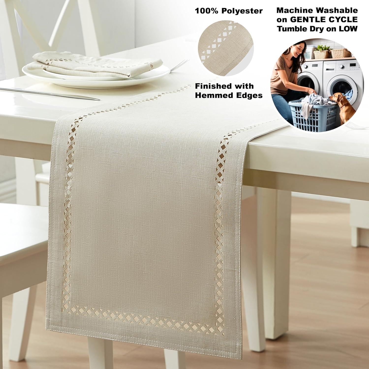 Newbridge Provence Lattice Cutwork Solid Color Textured Fabric Table Runner, 70 Inch Long, Ivory