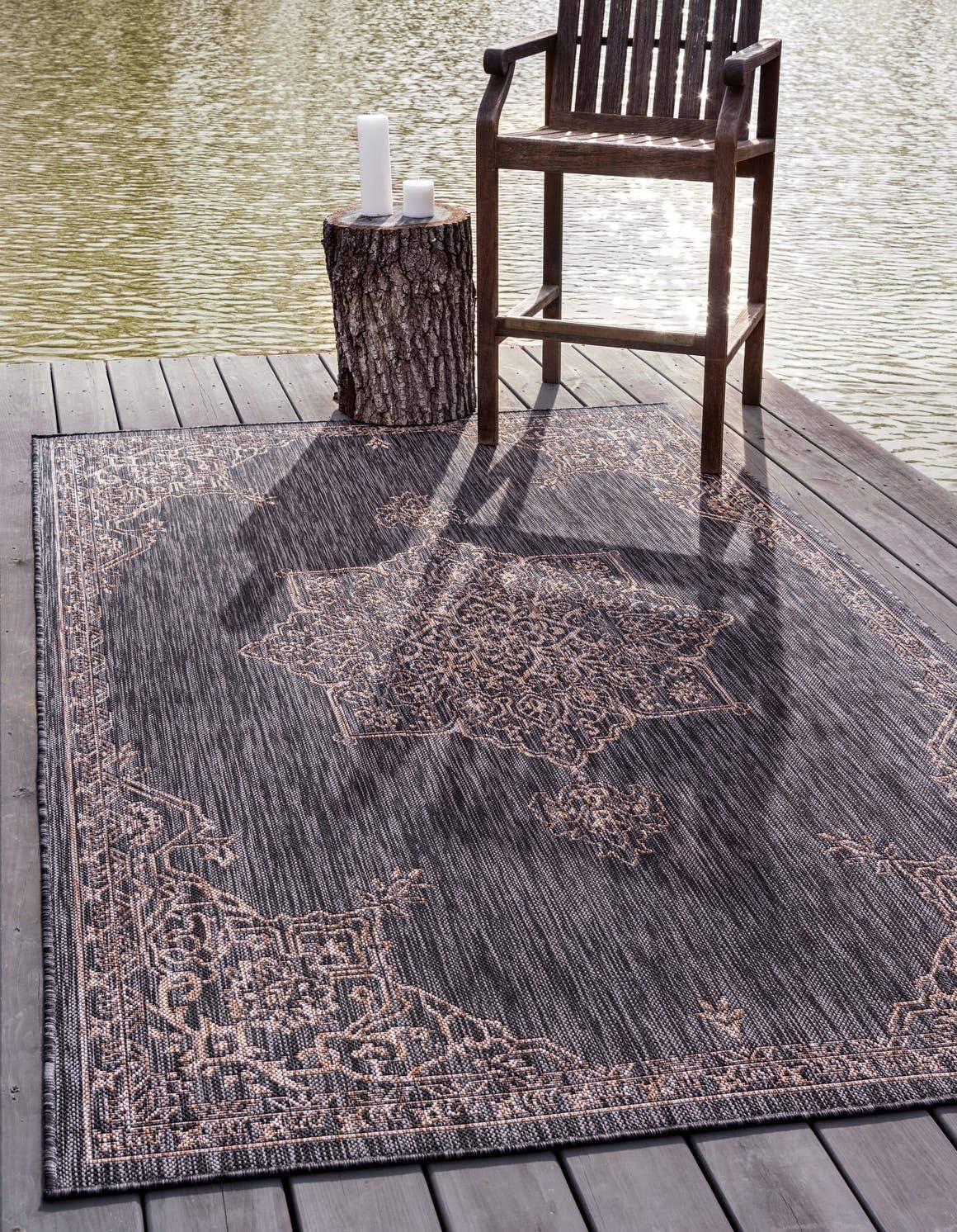 Unique Loom 6' 1 x 9' 0 Rectangle Indoor/Outdoor Traditional Charcoal Gray Area Rug