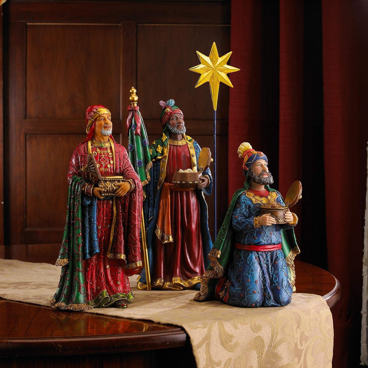 Three Kings Gifts Magi, Wise Men, Christmas Star, Angel, Shepherds, Sheep, Holy Family, Jesus in Manger, Real Gold in Trunk, Nativity Scene Set & Figures, 11-Pieces, for 7 inch Scale Collection