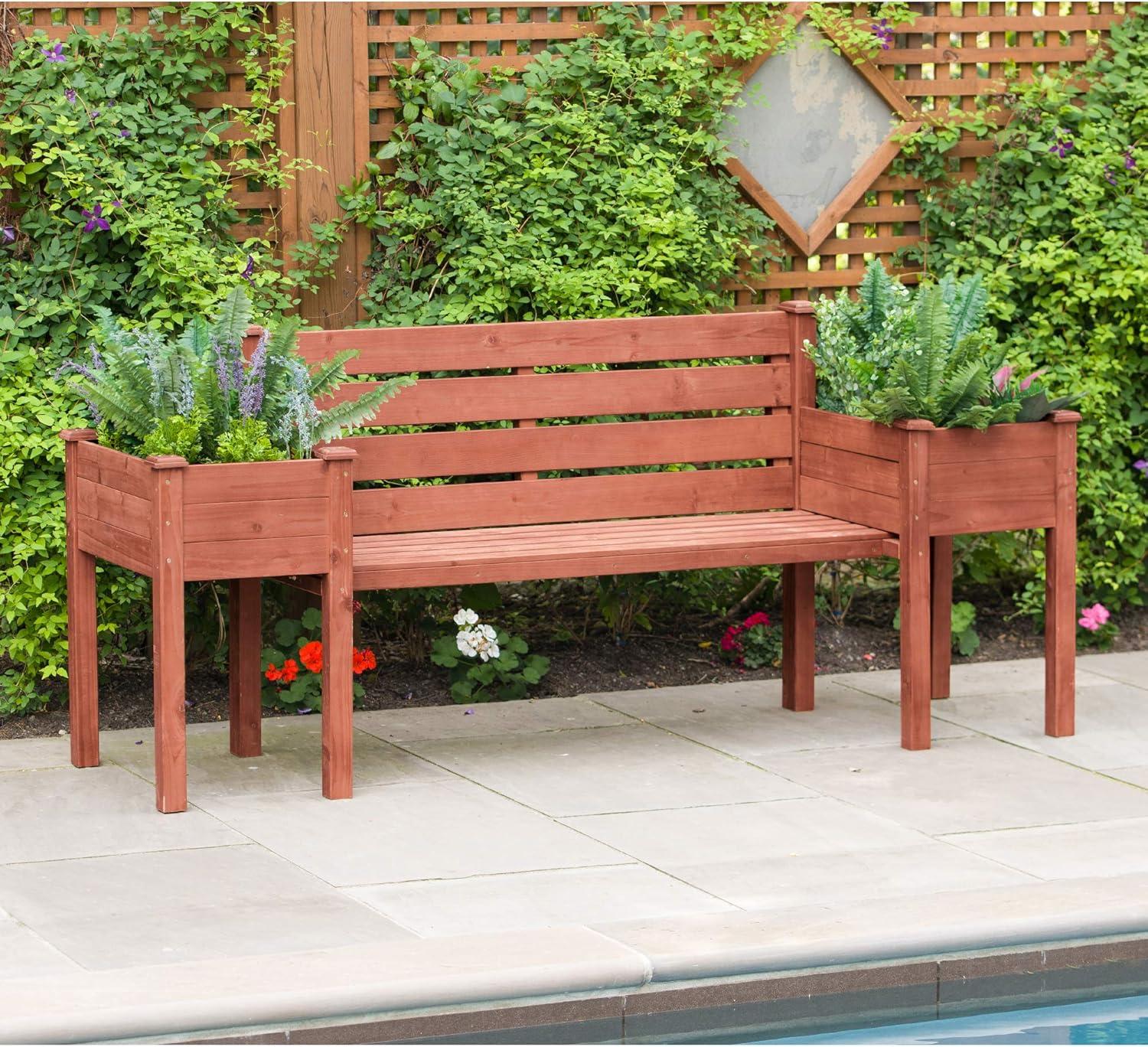 Medium Brown Wood Planter Bench with Slanted Backrest