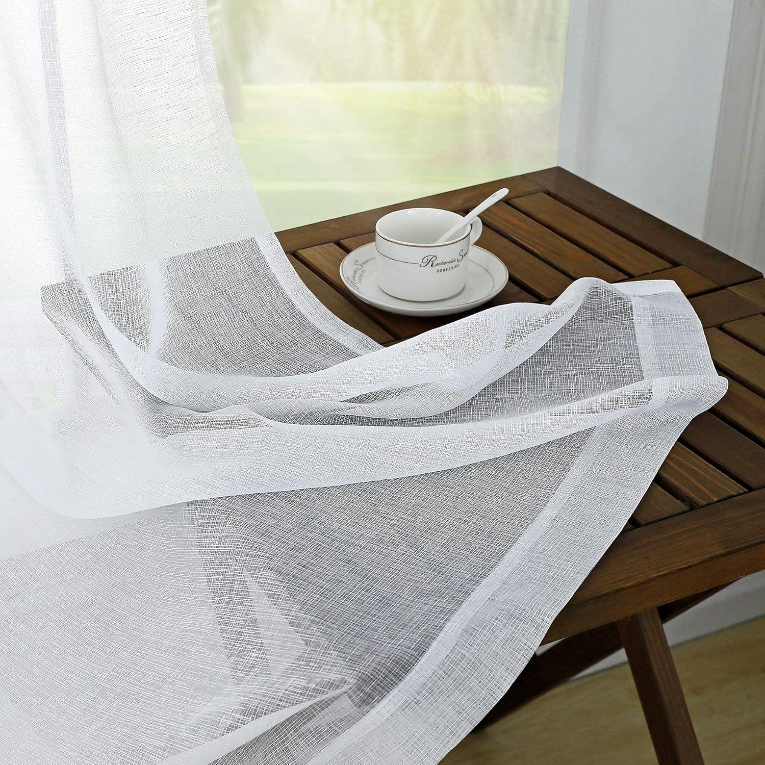 White Linen Semi-Sheer Light-Filtering Rod Pocket Curtains, 63" Length