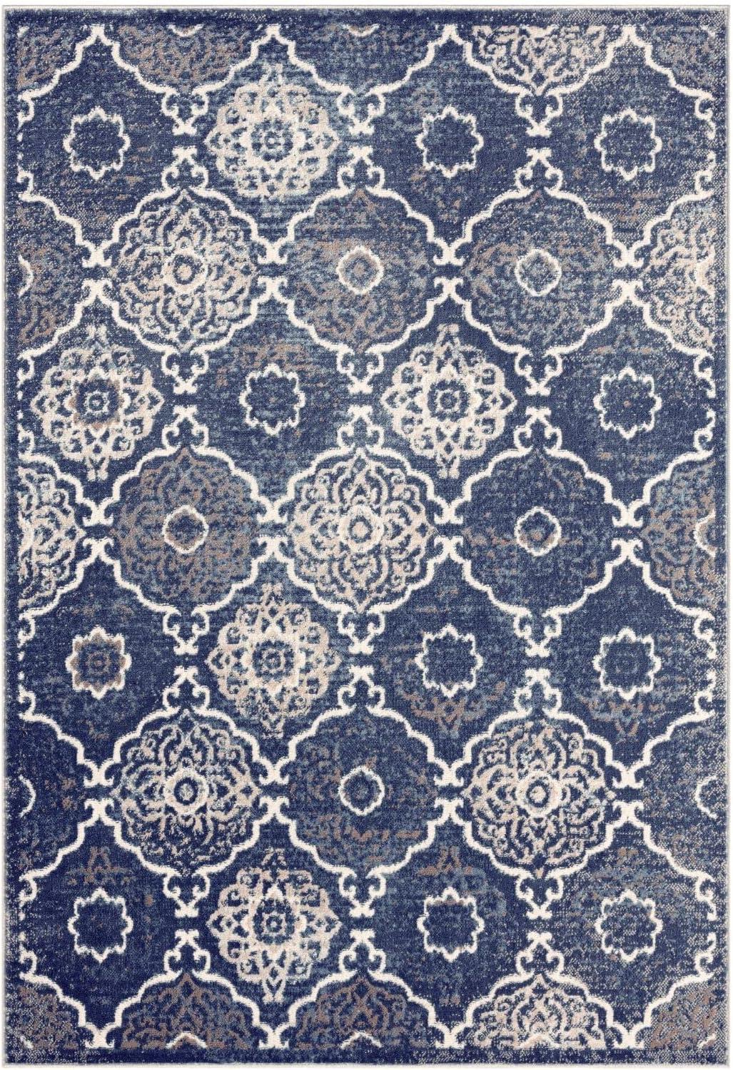 Ivory and Navy Blue Tufted Medallion Synthetic Area Rug, 5'2"x7'2"